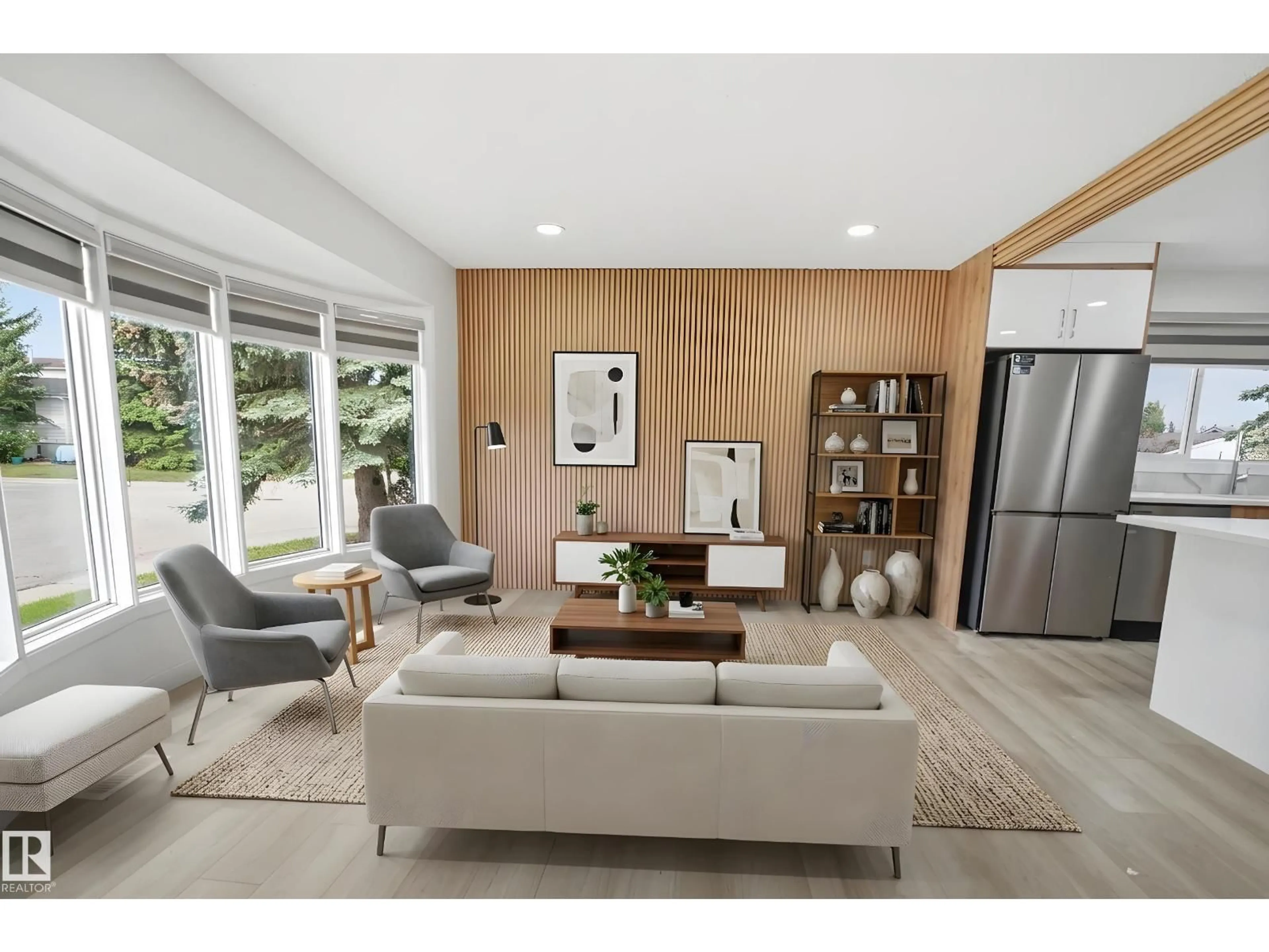 Living room with furniture, wood/laminate floor for NW - 3548 20 AVE, Edmonton Alberta T6L3E1