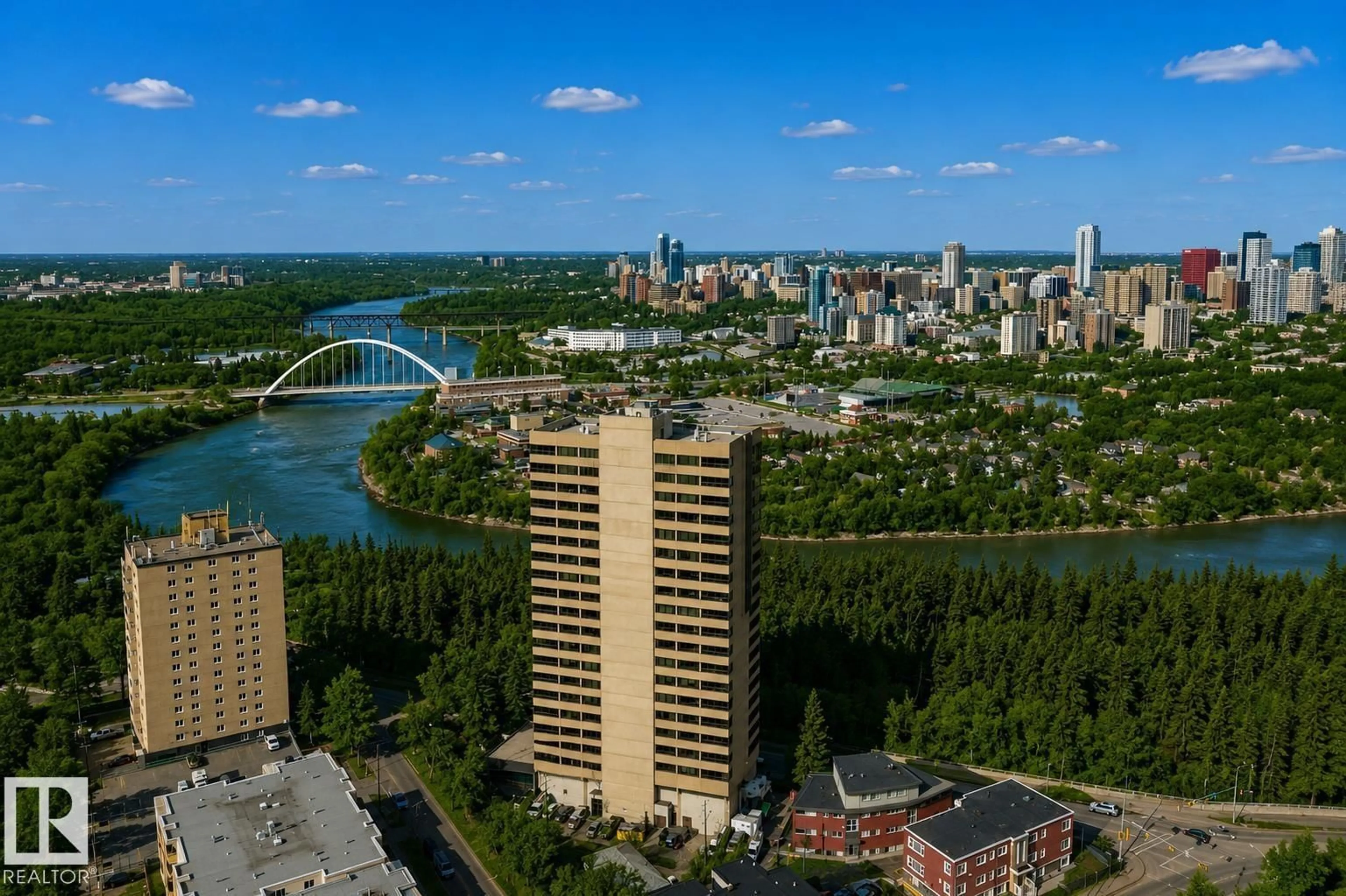 A pic from outside/outdoor area/front of a property/back of a property/a pic from drone, water/lake/river/ocean view for #203 - 9929 SASKATCHEWAN DR, Edmonton Alberta T6E5J9