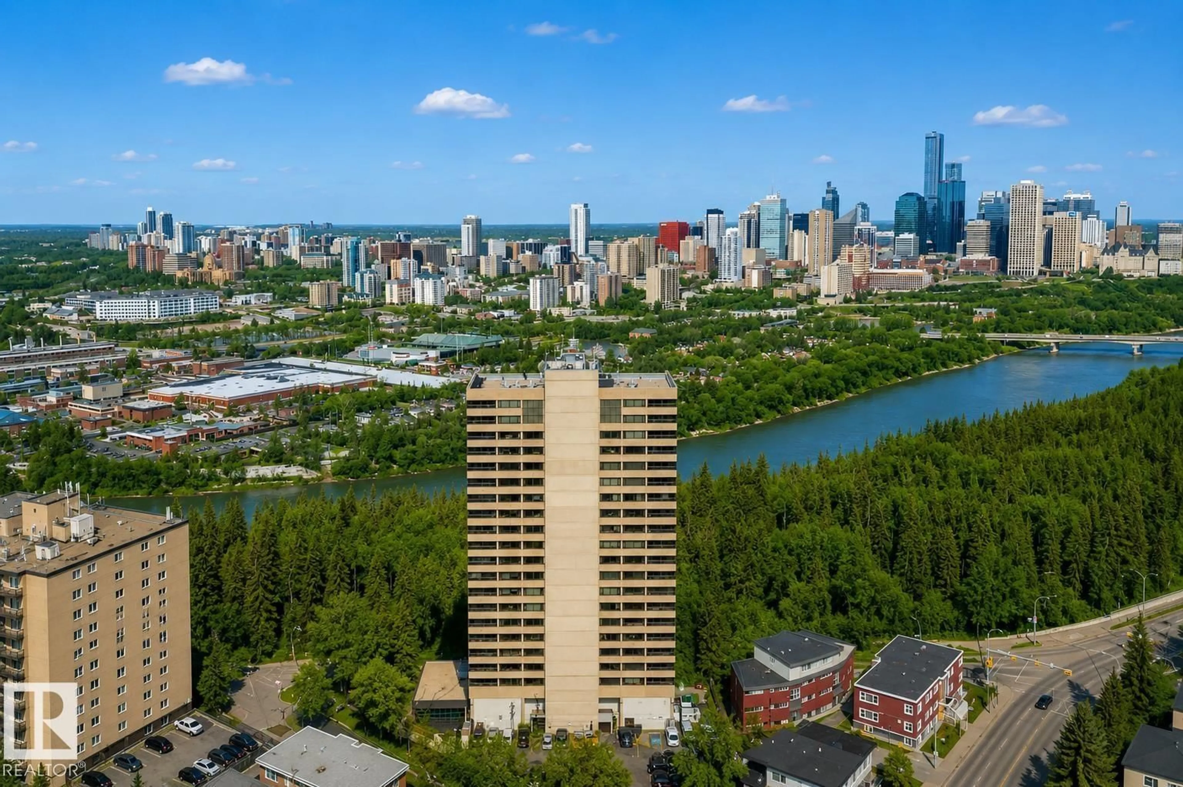 A pic from outside/outdoor area/front of a property/back of a property/a pic from drone, city buildings view from balcony for #203 - 9929 SASKATCHEWAN DR, Edmonton Alberta T6E5J9