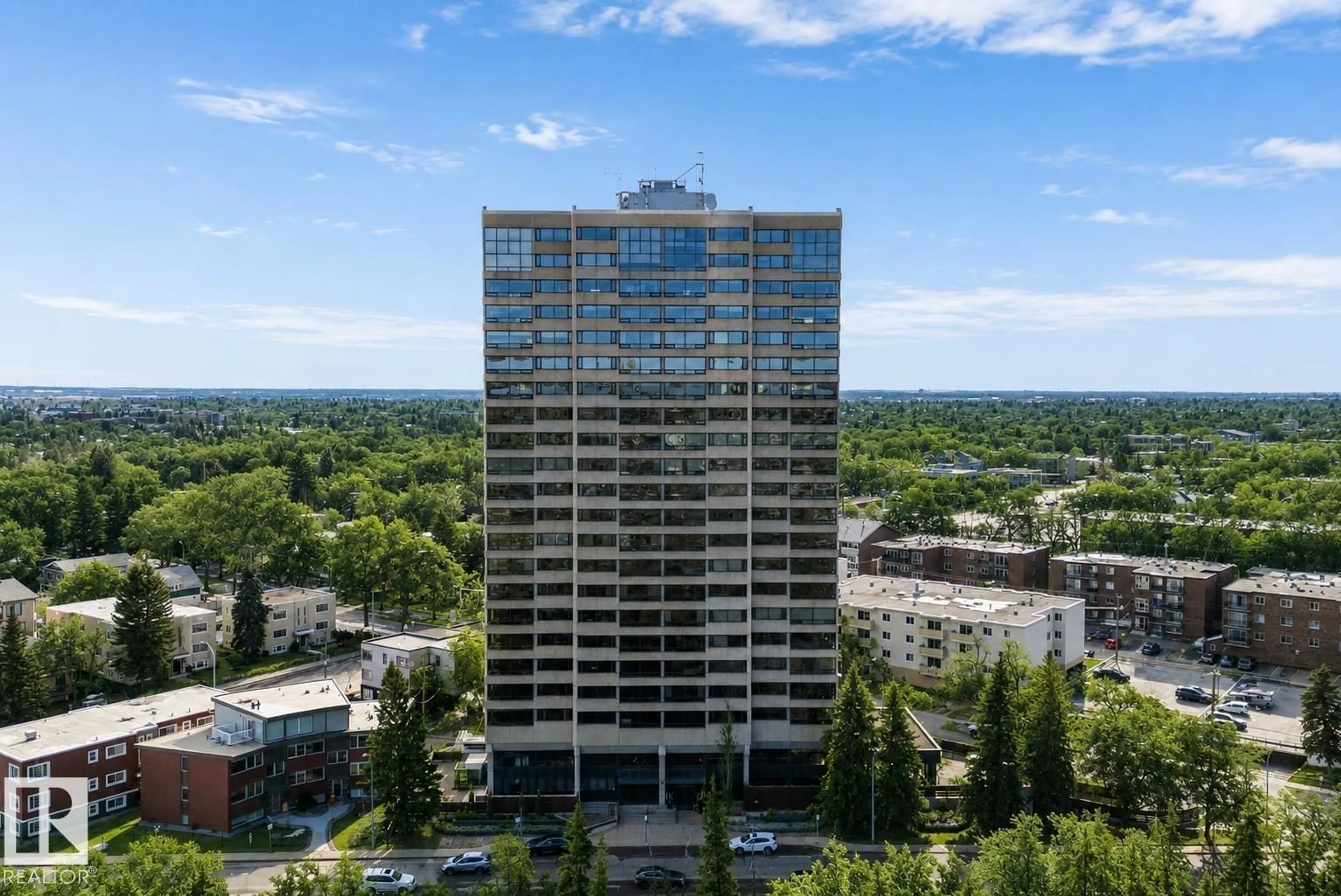 A pic from outside/outdoor area/front of a property/back of a property/a pic from drone, city buildings view from balcony for #203 - 9929 SASKATCHEWAN DR, Edmonton Alberta T6E5J9