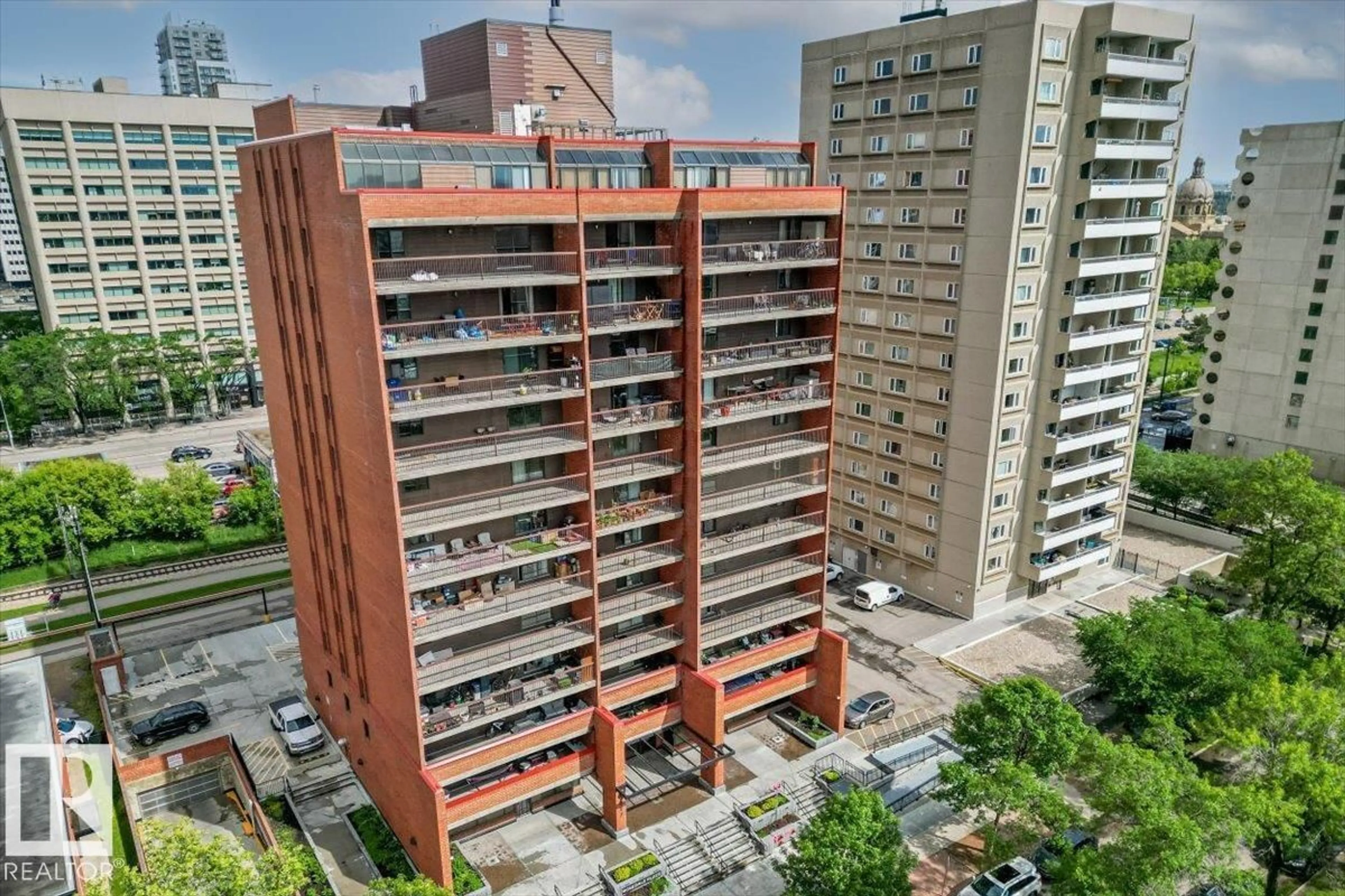 A pic from outside/outdoor area/front of a property/back of a property/a pic from drone, city buildings view from balcony for 501 - 9917 110 ST NW, Edmonton Alberta T5K2N4