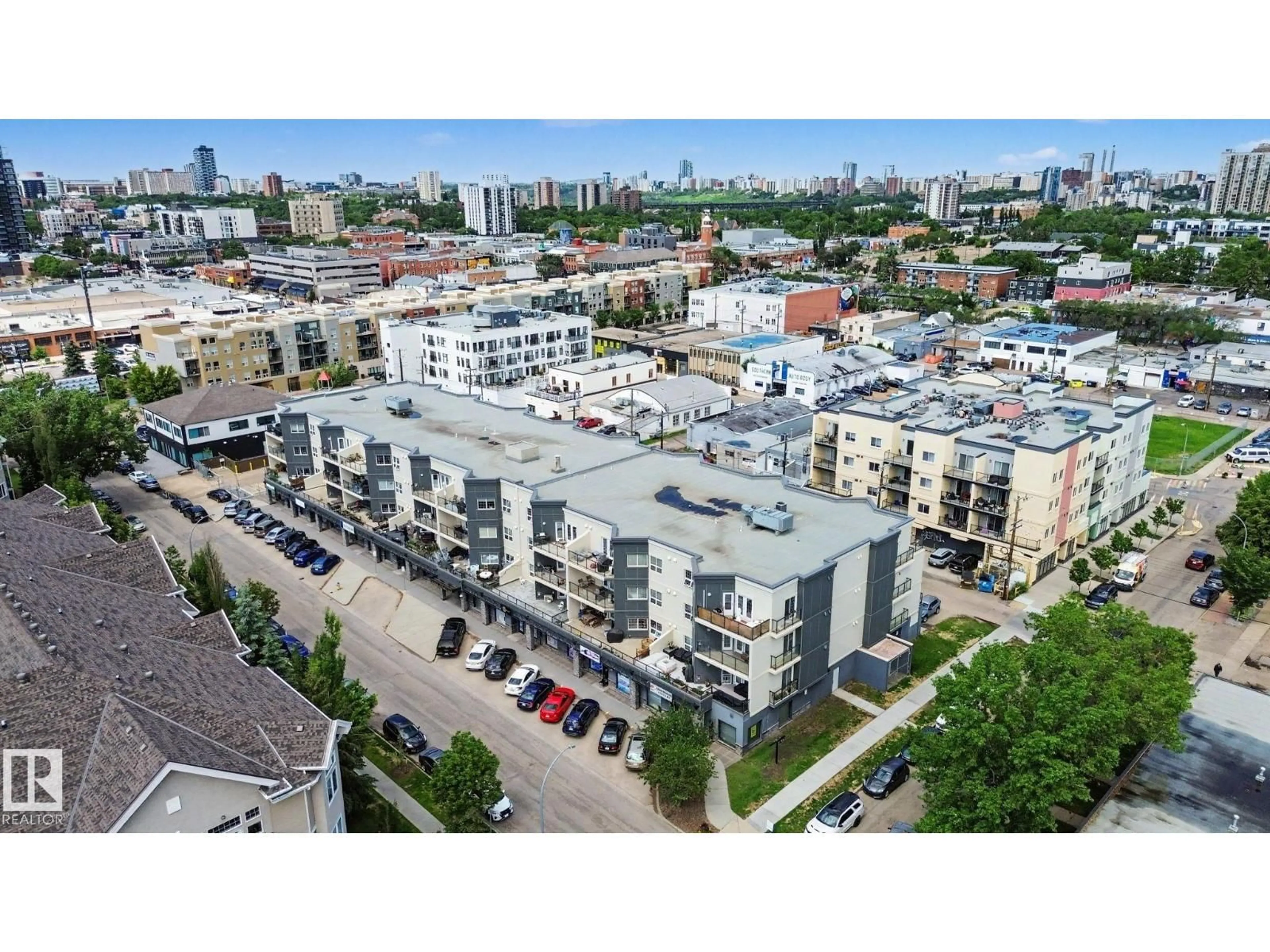 A pic from outside/outdoor area/front of a property/back of a property/a pic from drone, city buildings view from balcony for #413 - 10116 80 AV, Edmonton Alberta T6E6V7