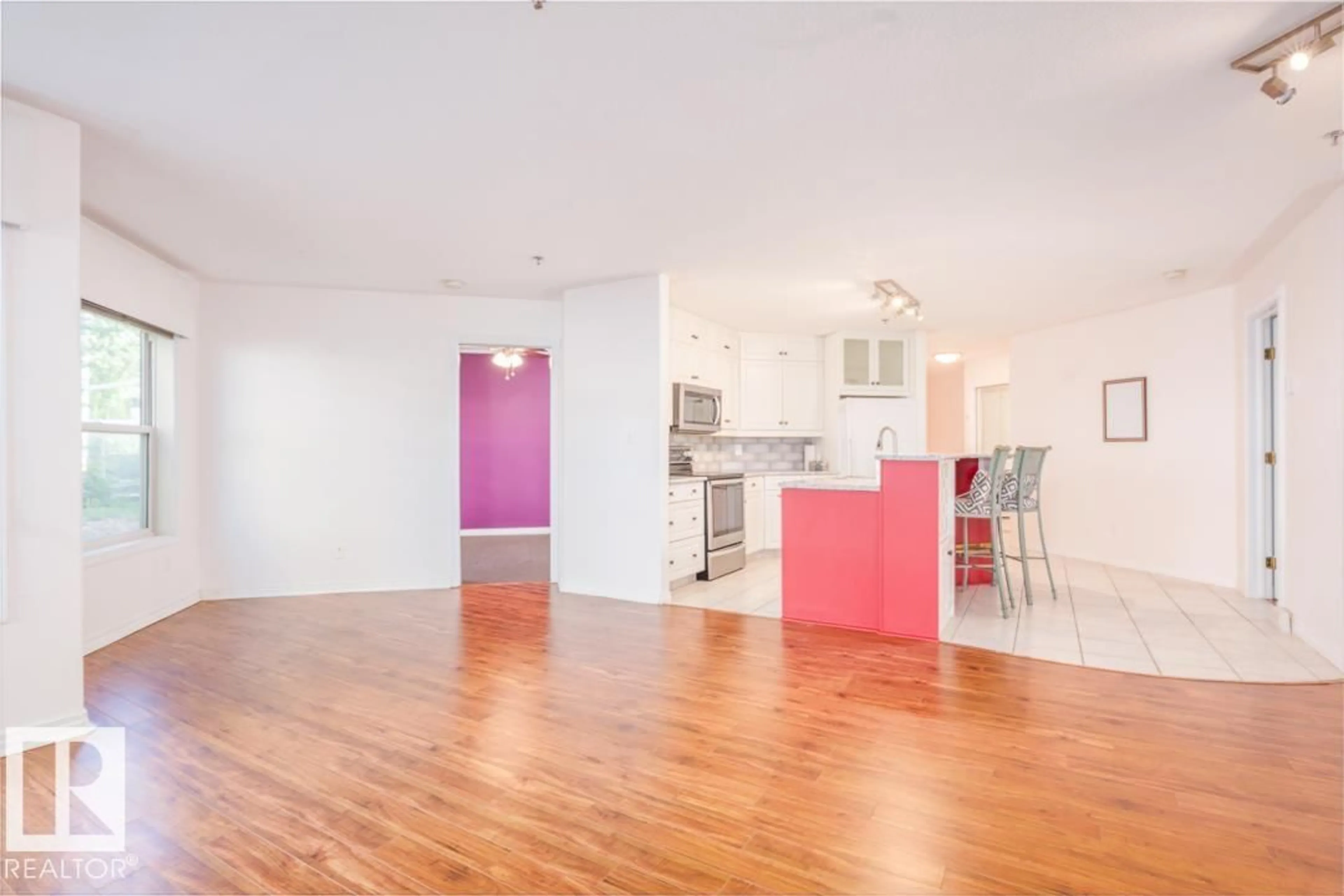 Open concept kitchen, wood/laminate floor for #108 - 12028 103 AV, Edmonton Alberta T5K2T9