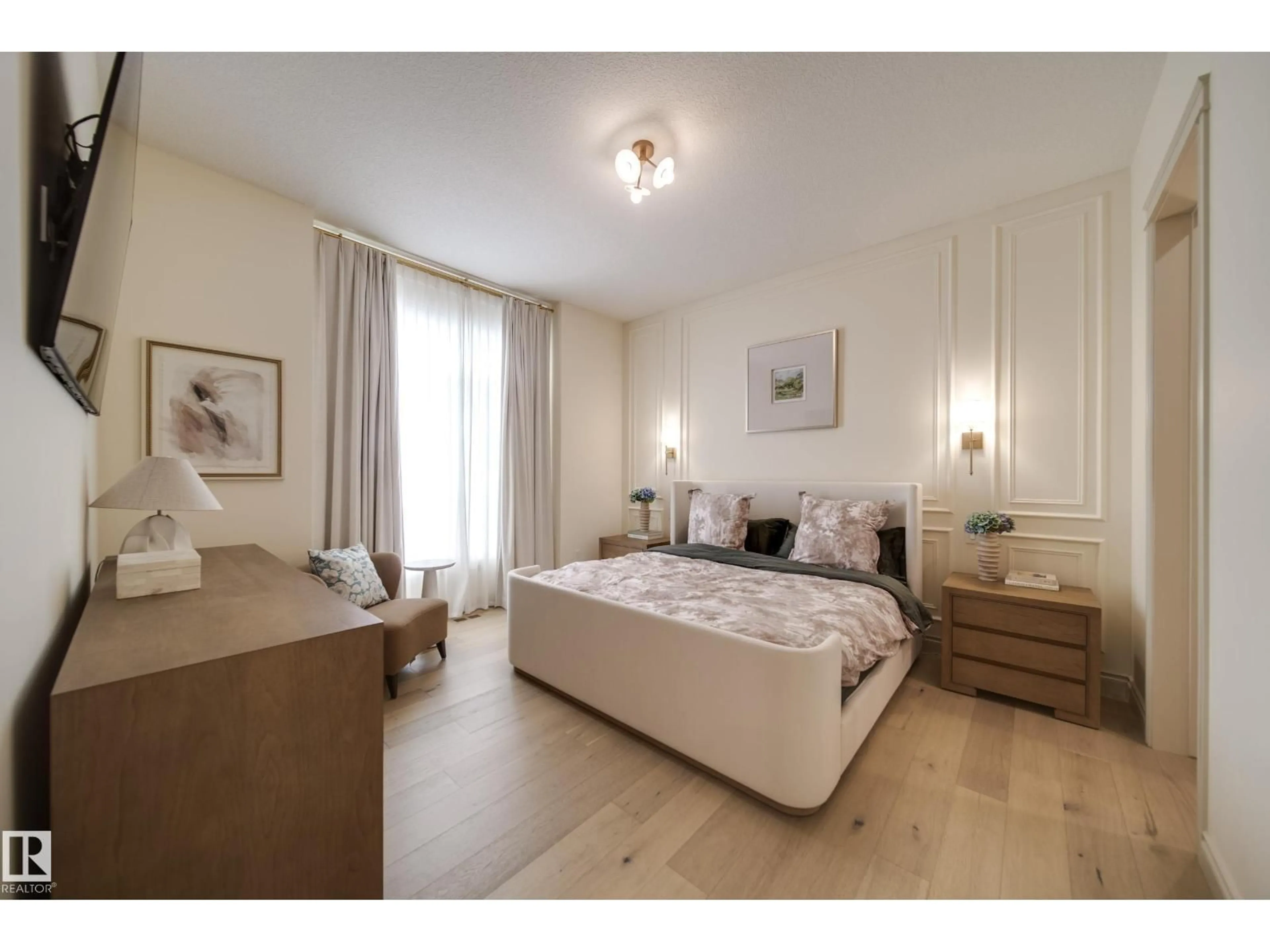 Bedroom with bed, wood/laminate floor for 7308 ADA BV, Edmonton Alberta T5B4E5