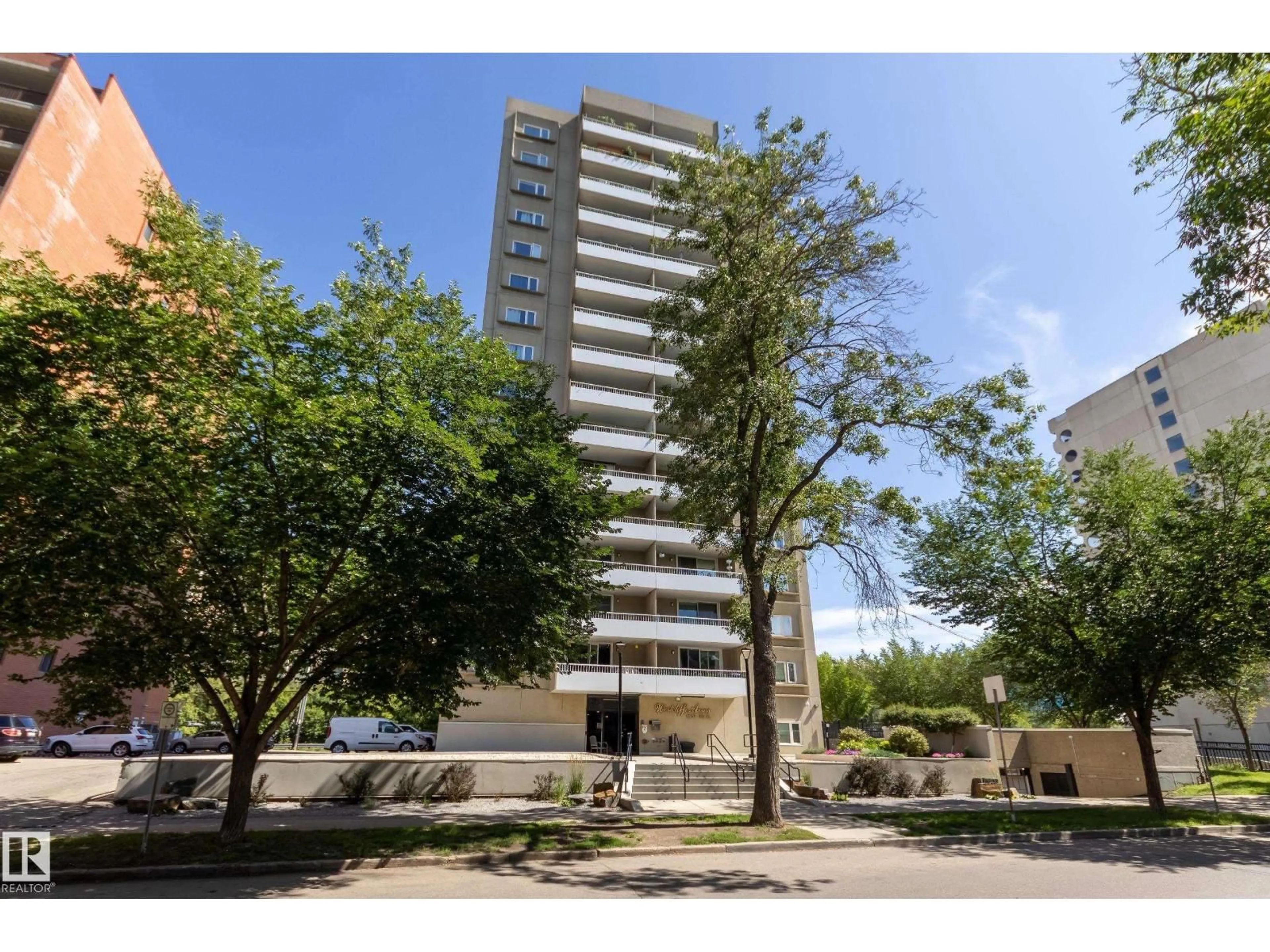 A pic from outside/outdoor area/front of a property/back of a property/a pic from drone, street for #504 - 9909 110 ST, Edmonton Alberta T5K2E5