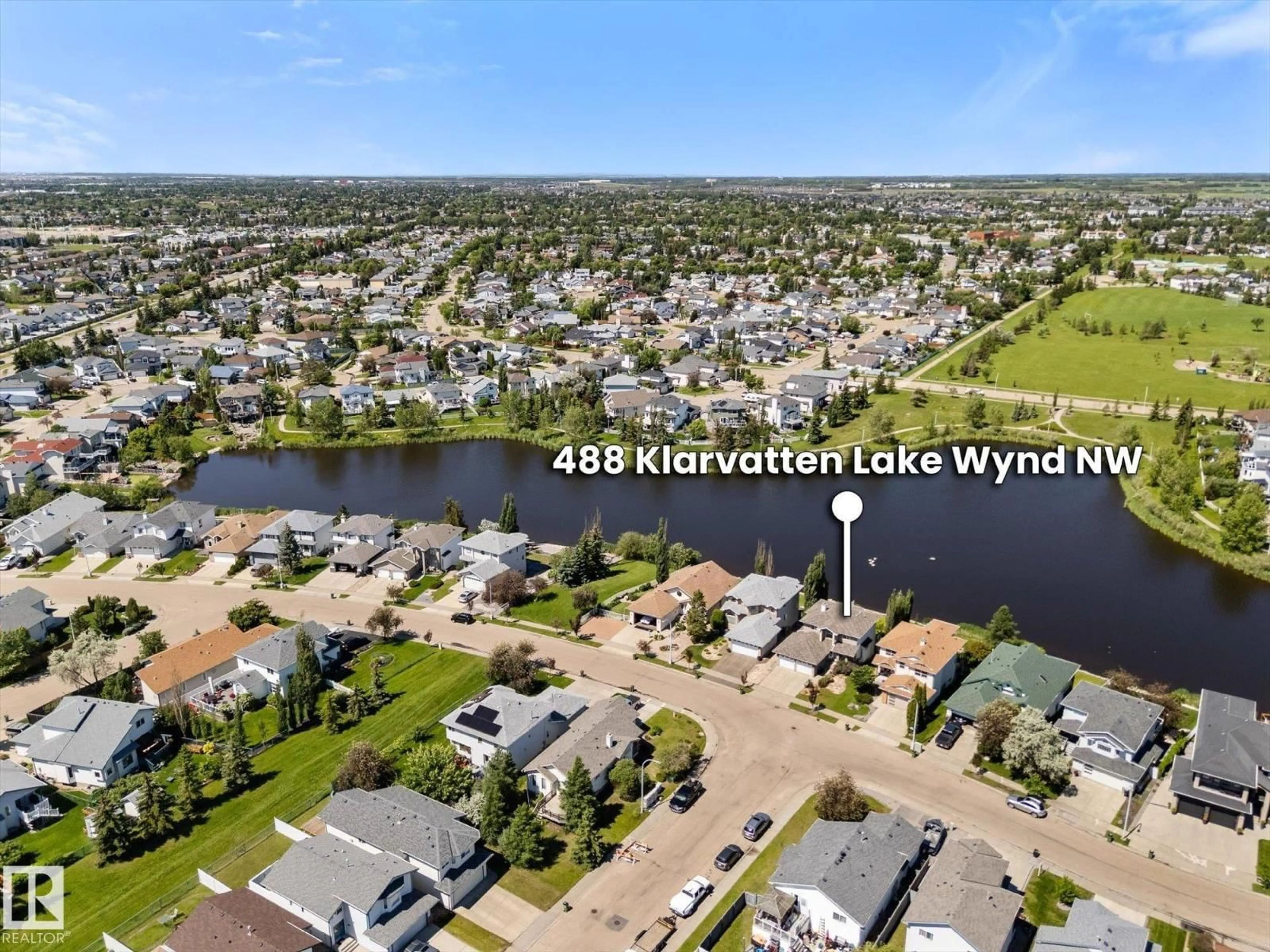 A pic from outside/outdoor area/front of a property/back of a property/a pic from drone, water/lake/river/ocean view for 488 KLARVATTEN LAKE WD, Edmonton Alberta T5Z3G7