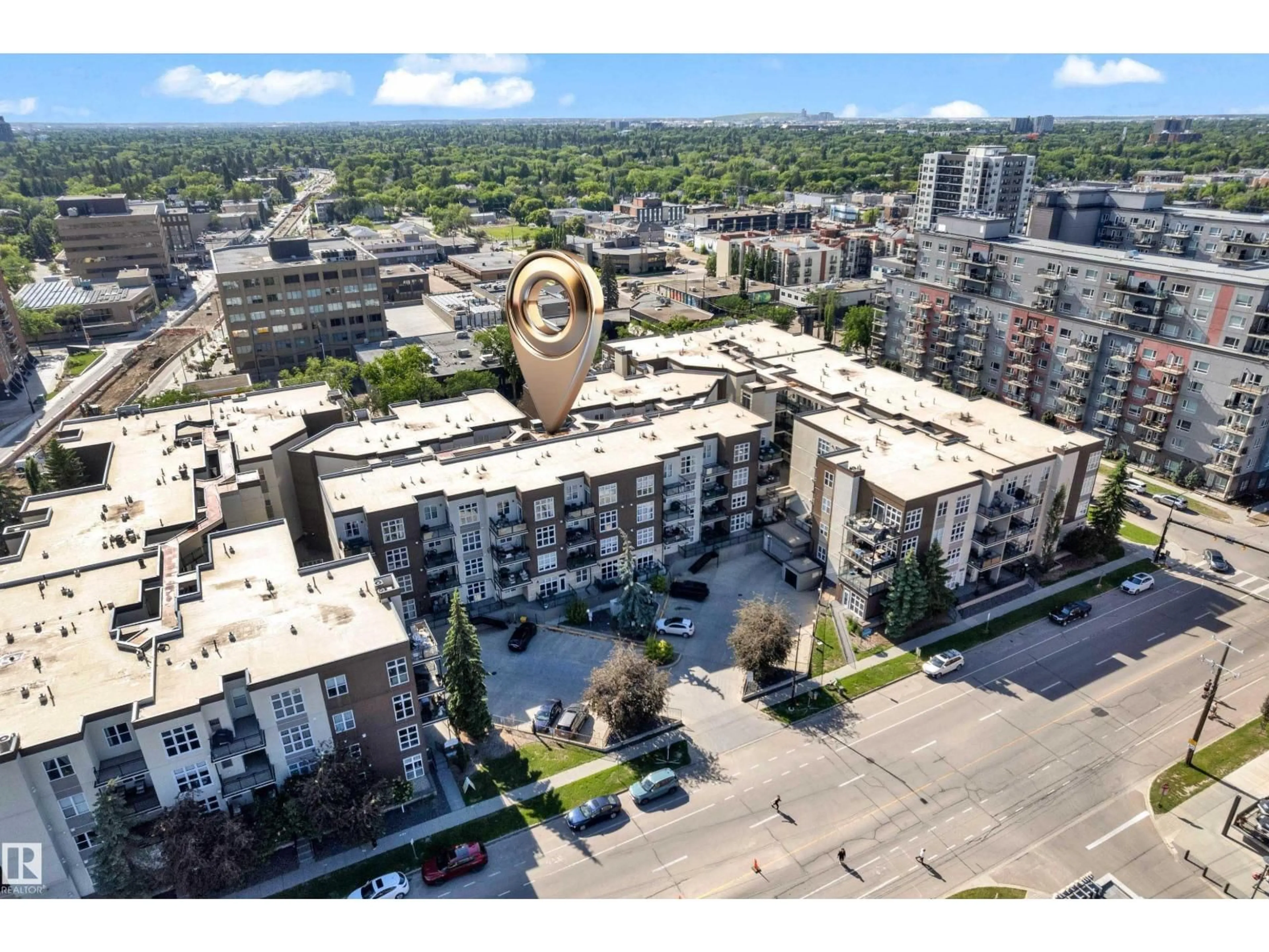 A pic from outside/outdoor area/front of a property/back of a property/a pic from drone, city buildings view from balcony for #129 - 10407 122 ST, Edmonton Alberta T5N4B8