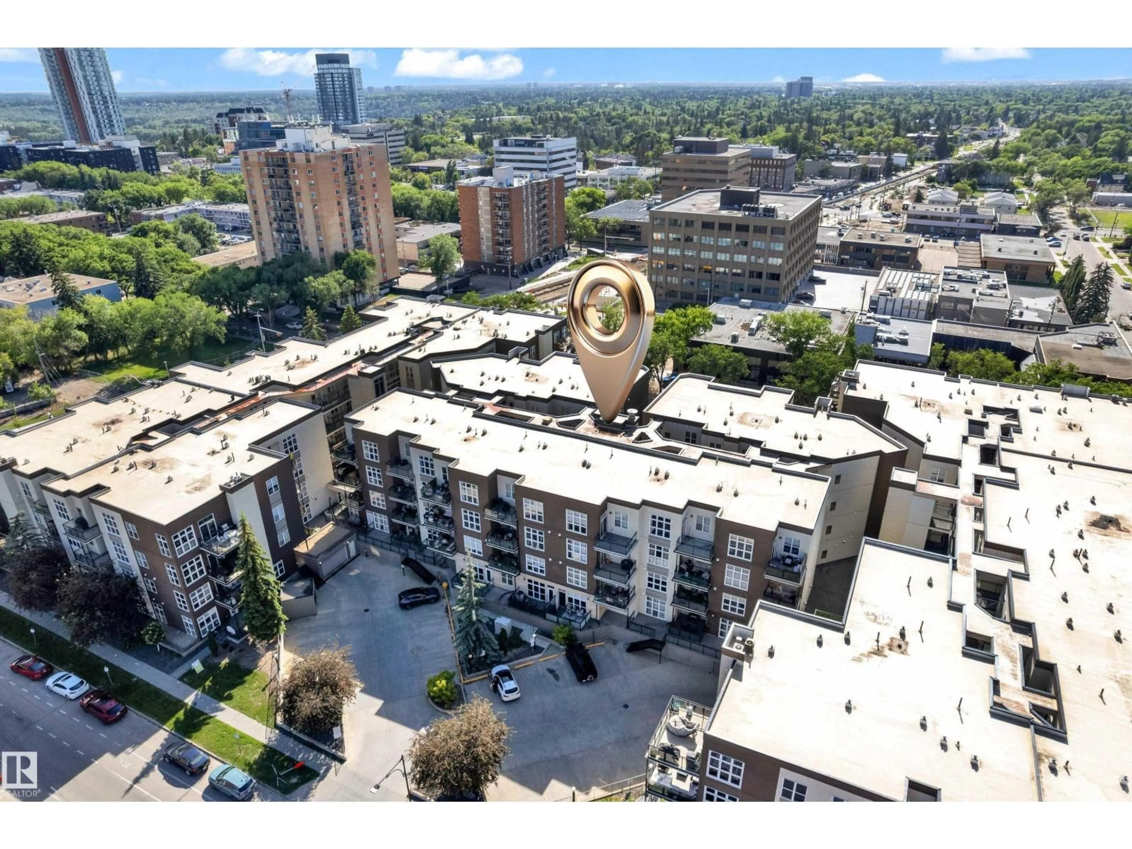 A pic from outside/outdoor area/front of a property/back of a property/a pic from drone, city buildings view from balcony for #129 - 10407 122 ST, Edmonton Alberta T5N4B8