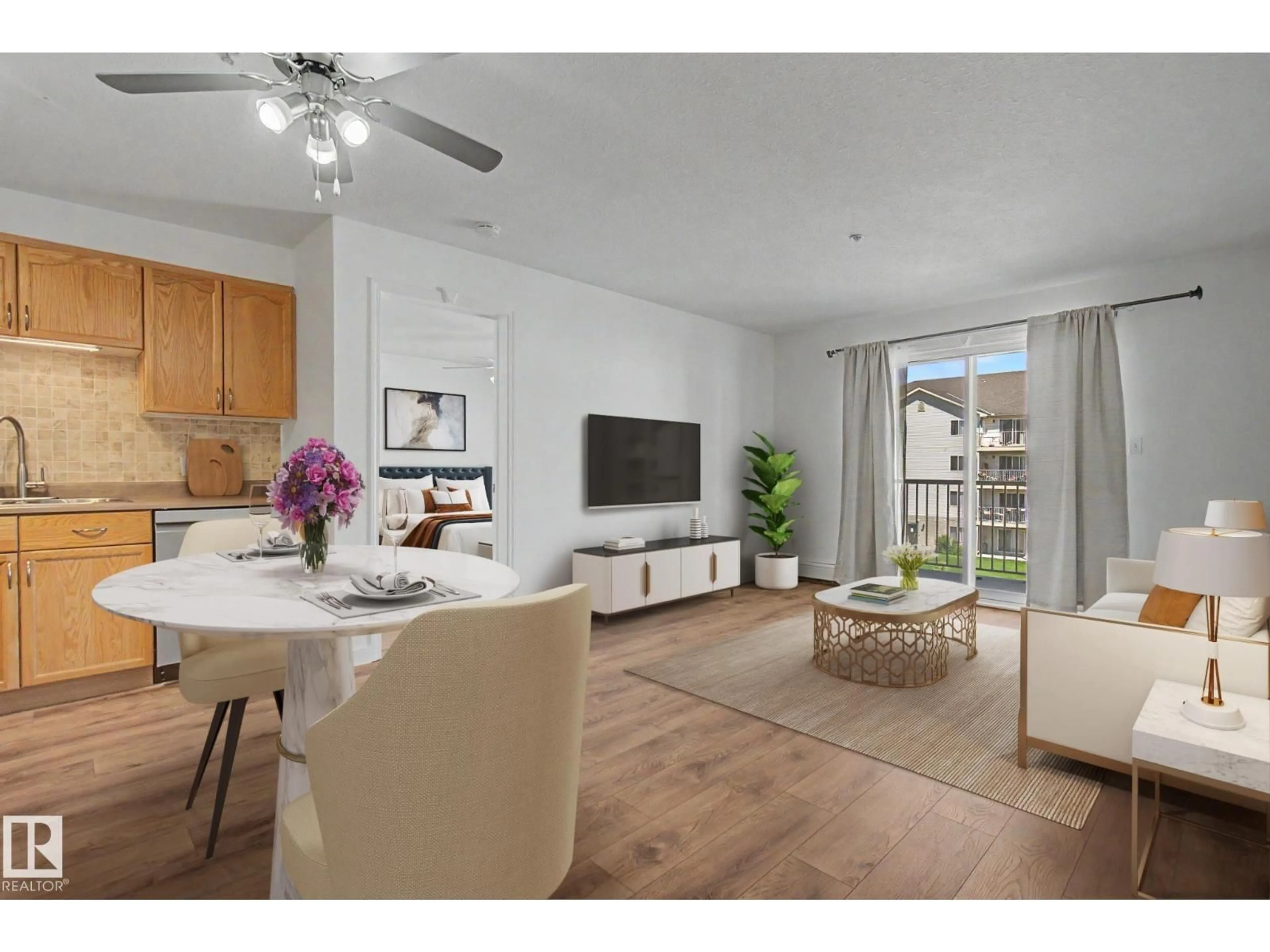 Living room with furniture, wood/laminate floor for #314 - 4700 43 AV, Stony Plain Alberta T7Z2S6