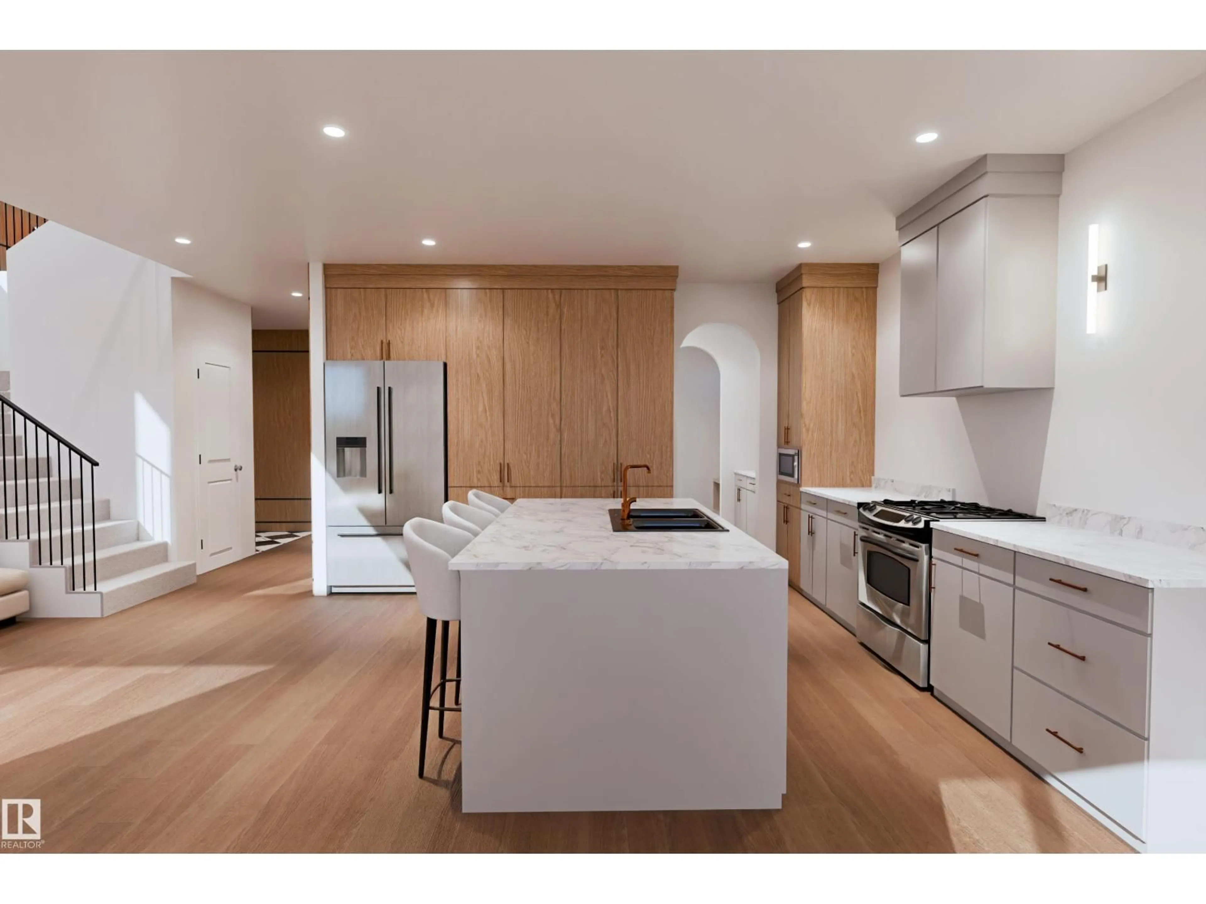Open concept kitchen, wood/laminate floor for 9138 104 ST, Morinville Alberta T8R1C9
