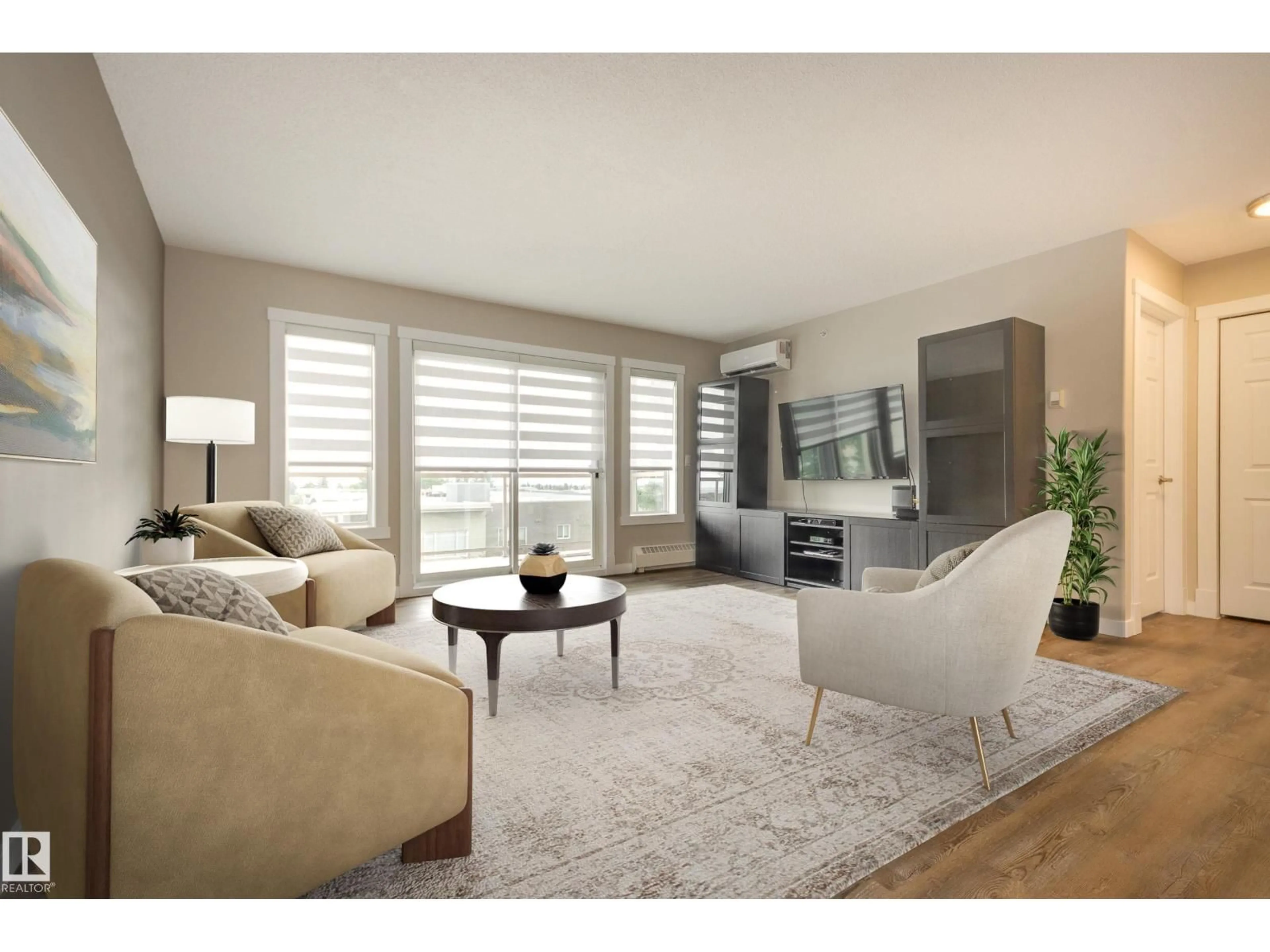 Living room with furniture, wood/laminate floor for 70 - 412 CRYSTAL LN, Sherwood Park Alberta T8H1E6
