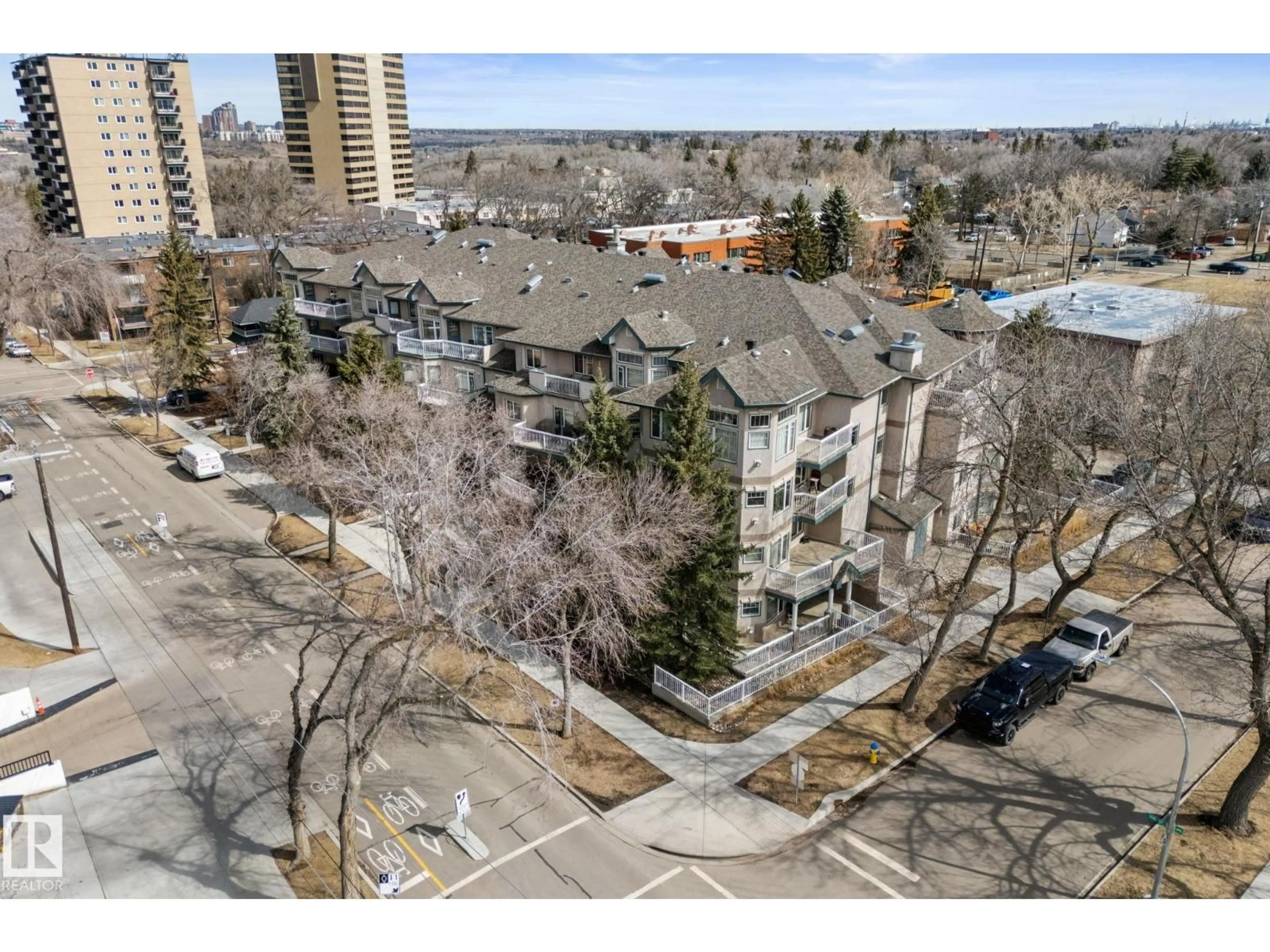 A pic from outside/outdoor area/front of a property/back of a property/a pic from drone, city buildings view from balcony for 203 - 8909 100 ST NW, Edmonton Alberta T6E6T4