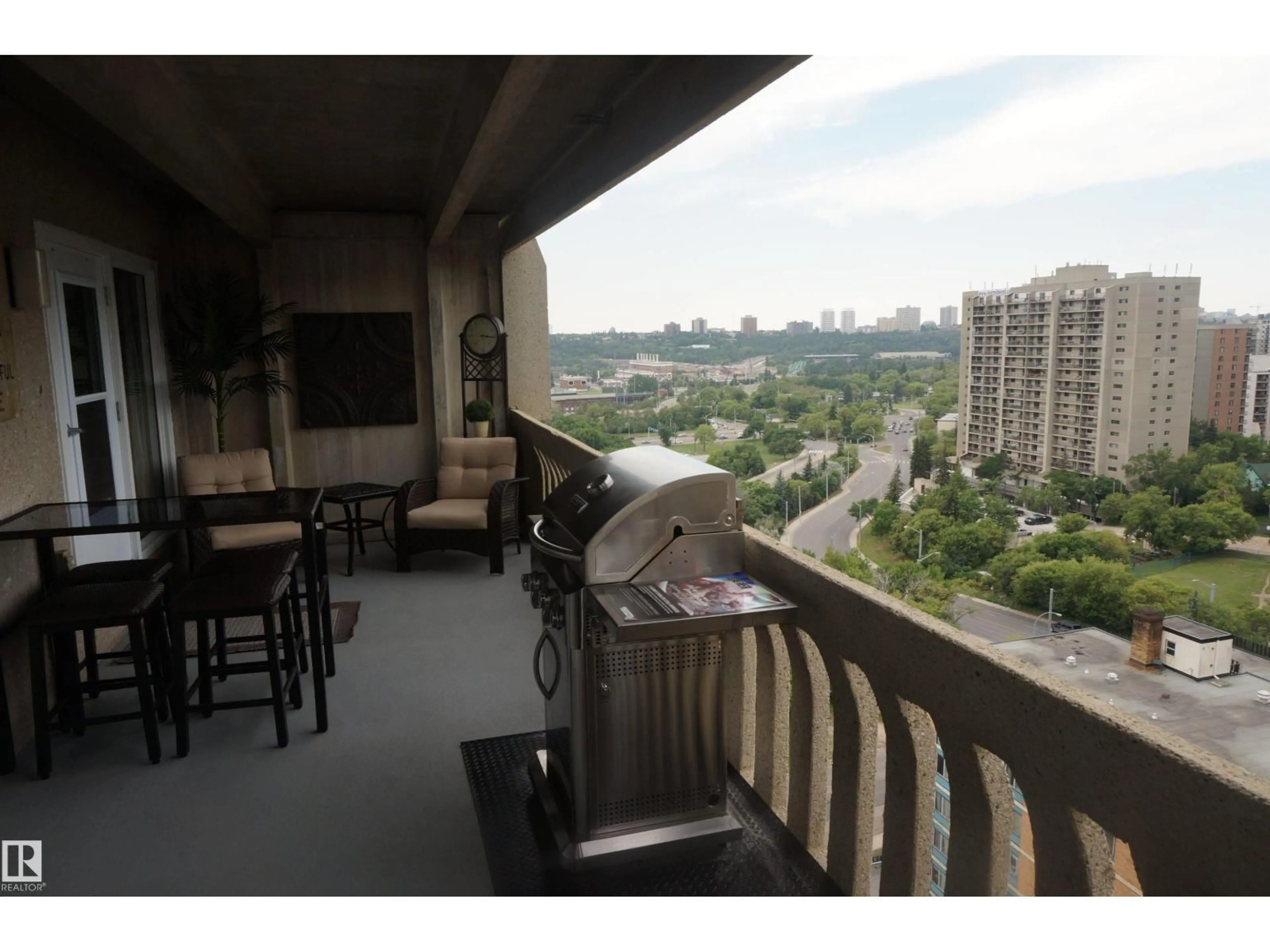Balcony in the apartment, city buildings view from balcony for 1703 - 9918 101 ST NW, Edmonton Alberta T5K2L1