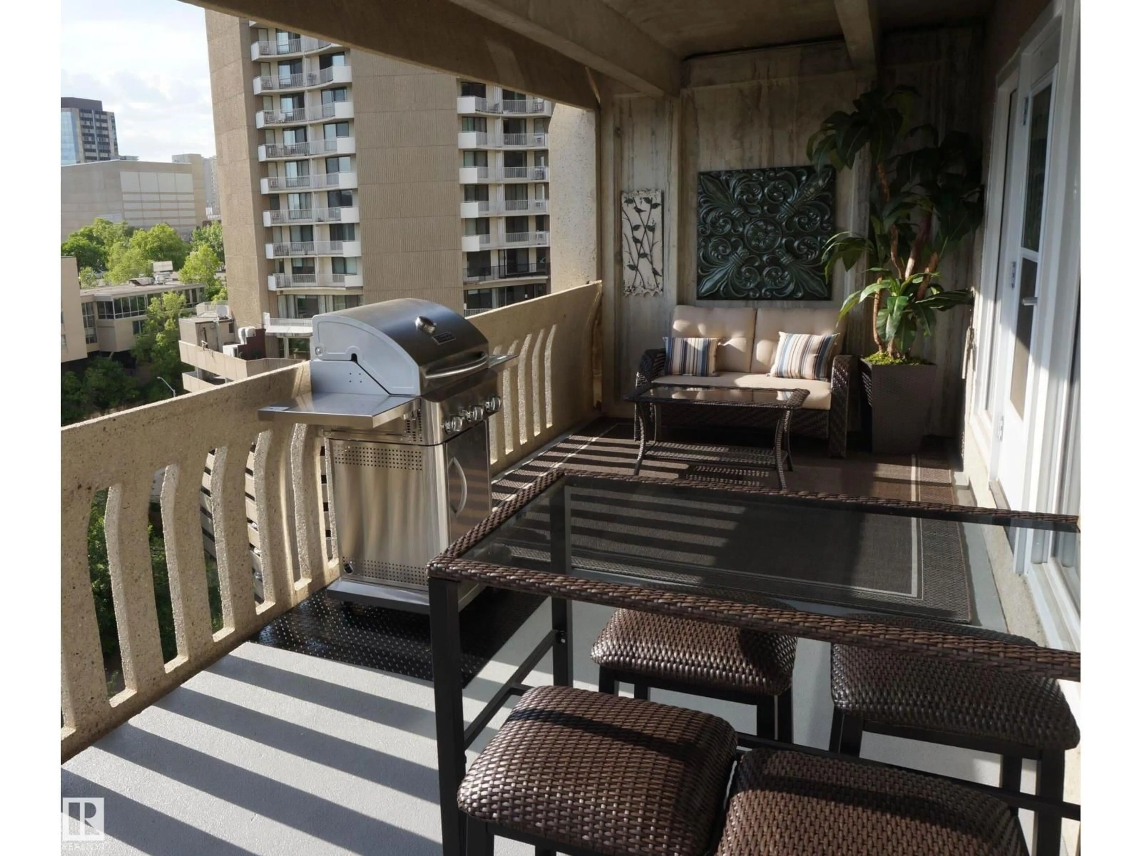Balcony in the apartment, city buildings view from balcony for 1703 - 9918 101 ST NW, Edmonton Alberta T5K2L1