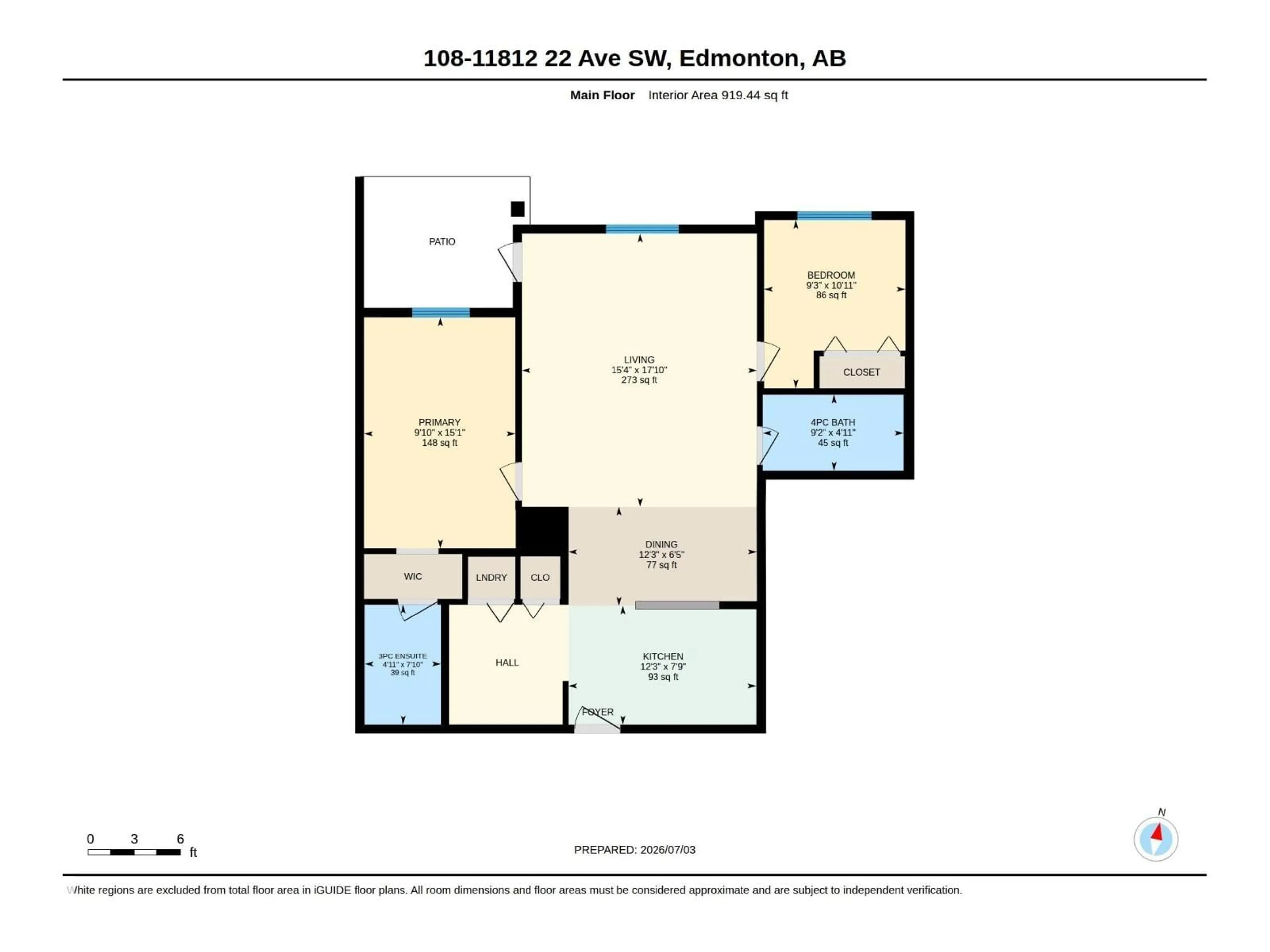Floor plan for #108 - 11812 22 AV, Edmonton Alberta T6W2A2