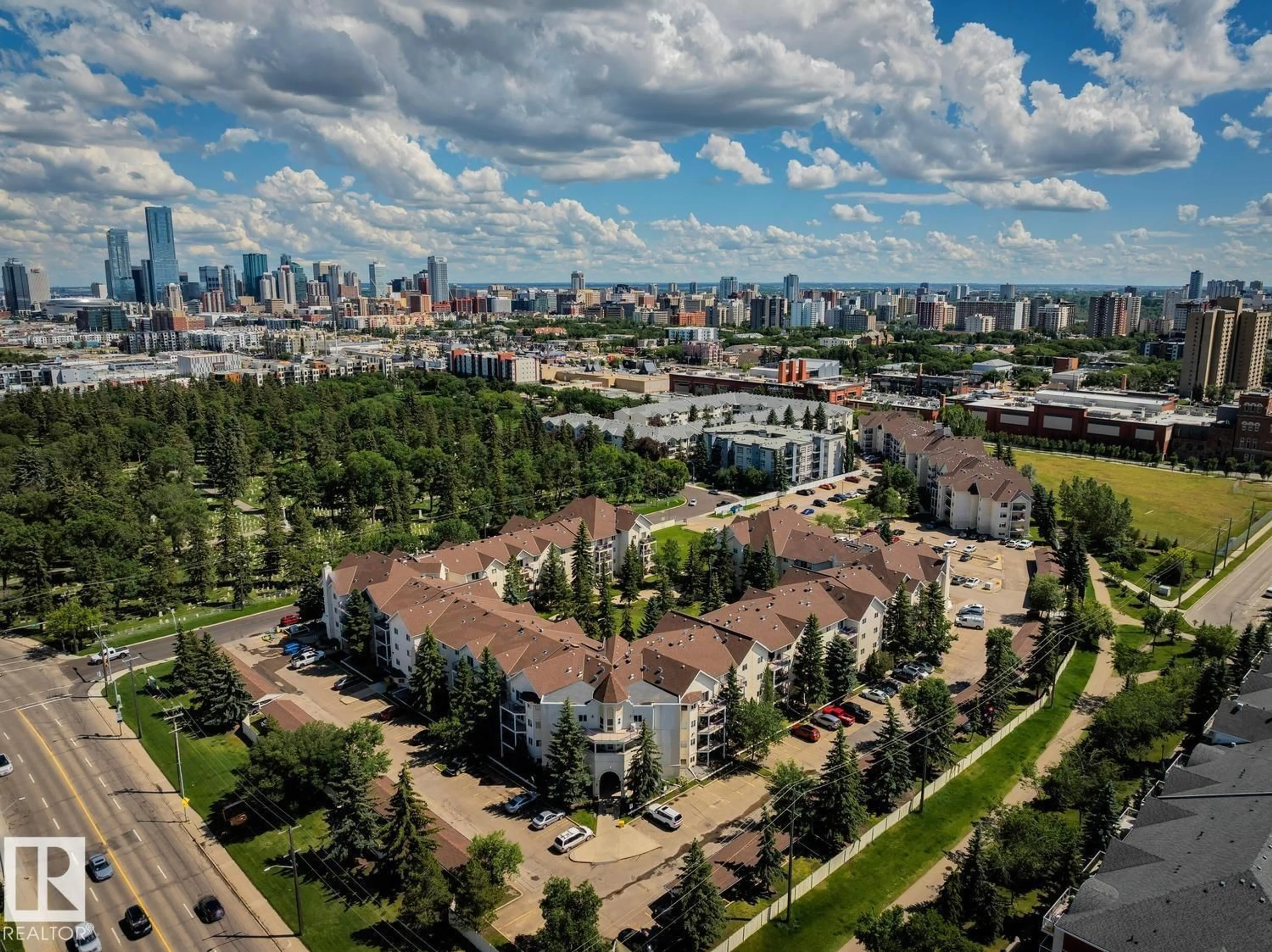 A pic from outside/outdoor area/front of a property/back of a property/a pic from drone, city buildings view from balcony for #239 - 10636 120 ST, Edmonton Alberta T5H4L5