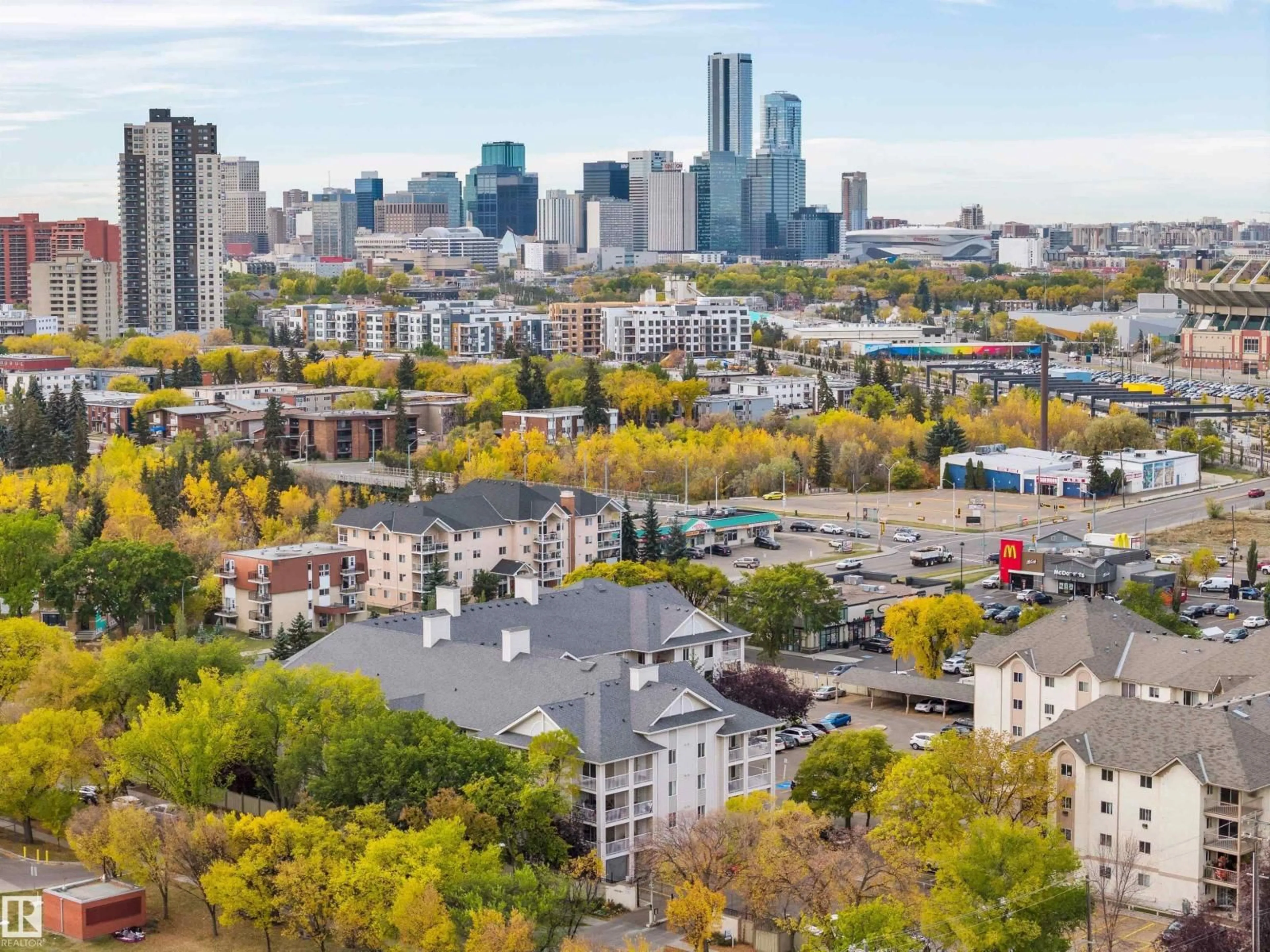 A pic from outside/outdoor area/front of a property/back of a property/a pic from drone, city buildings view from balcony for #112 - 112 11214 80 ST NW, Edmonton Alberta T5B4X9