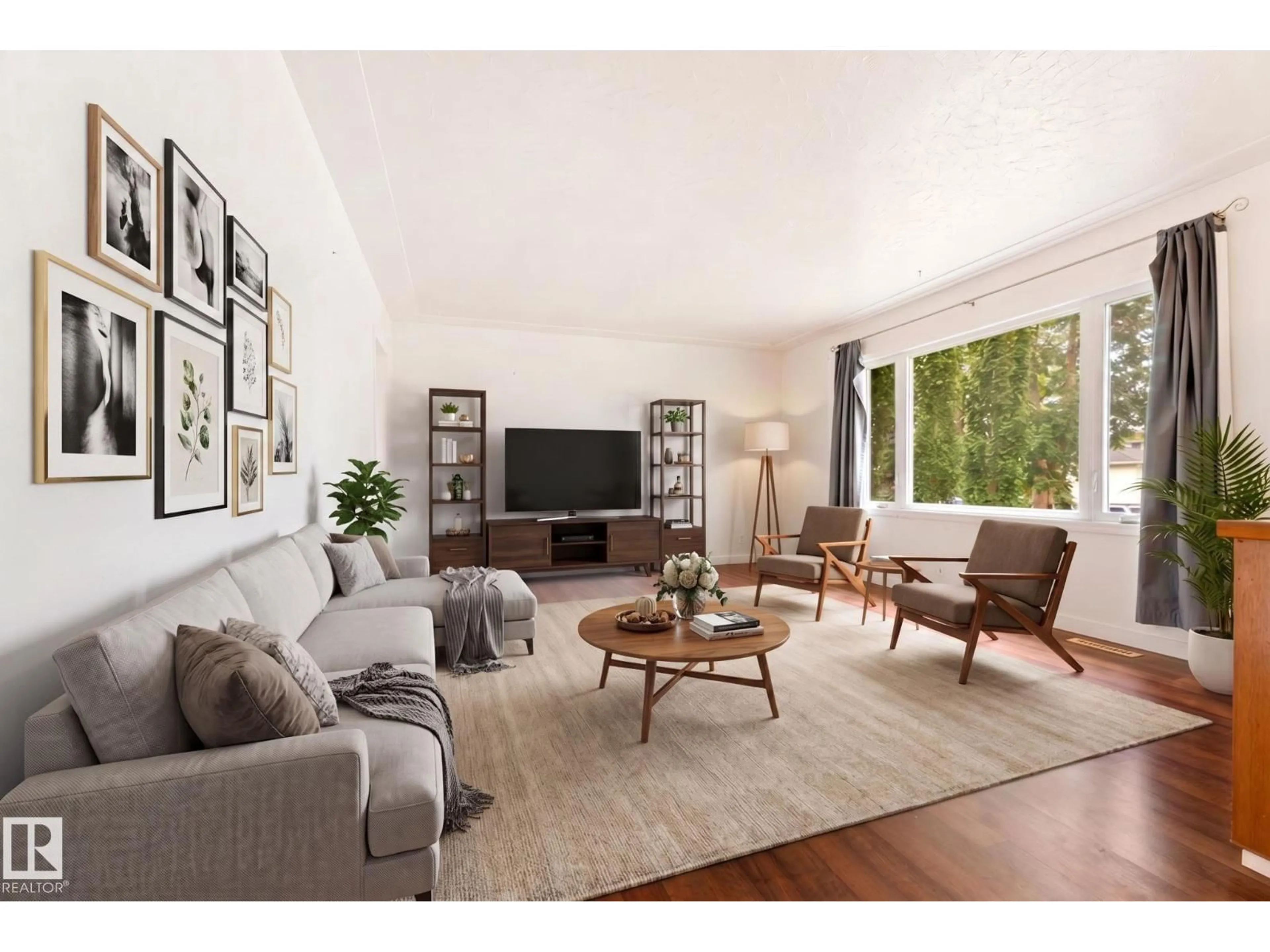 Living room with furniture, wood/laminate floor for NW - 12823 88 ST, Edmonton Alberta T5E3H2