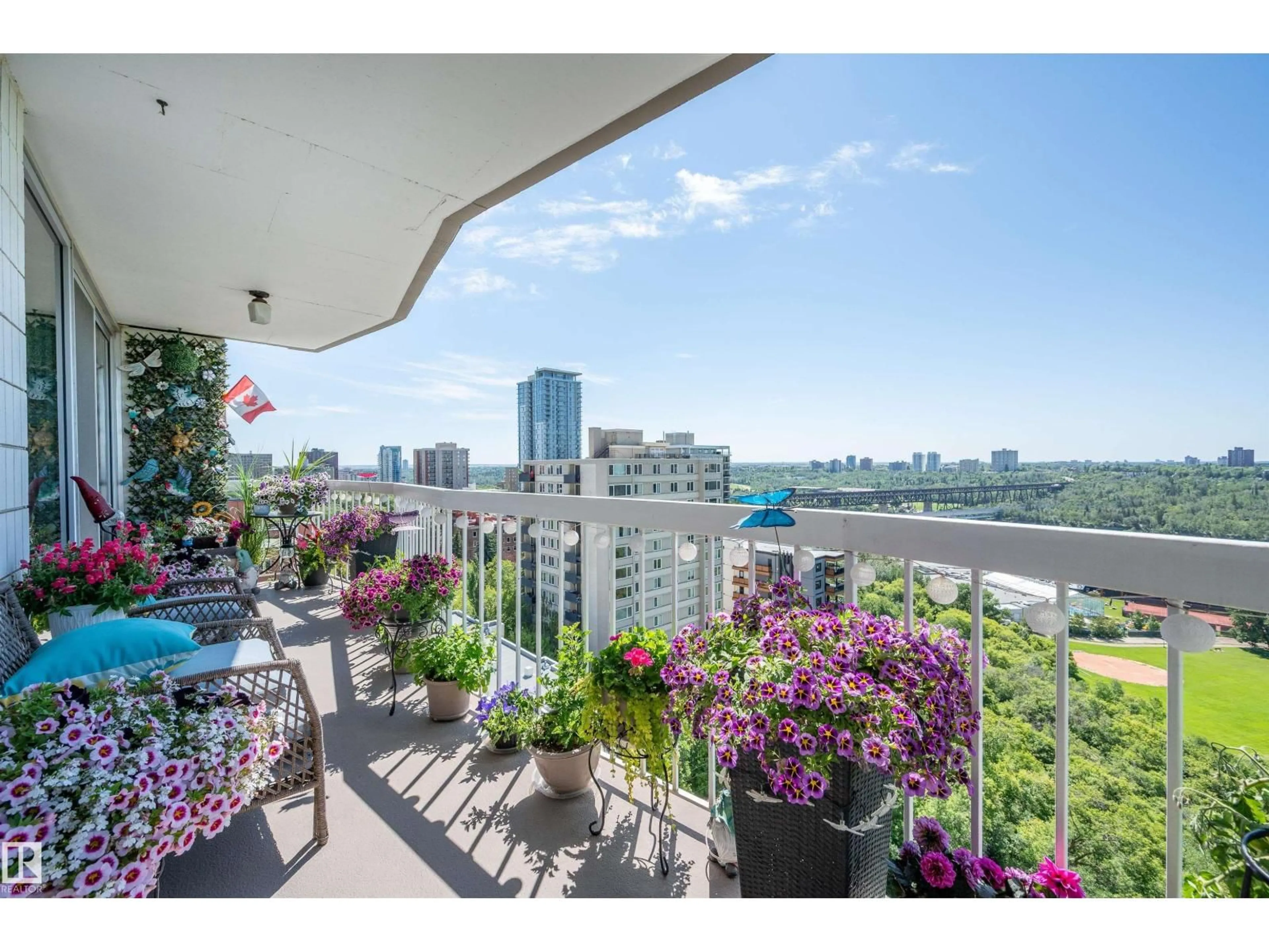 Balcony in the apartment, city buildings view from balcony for 1402 - 9835 113 ST, Edmonton Alberta T5K1N4