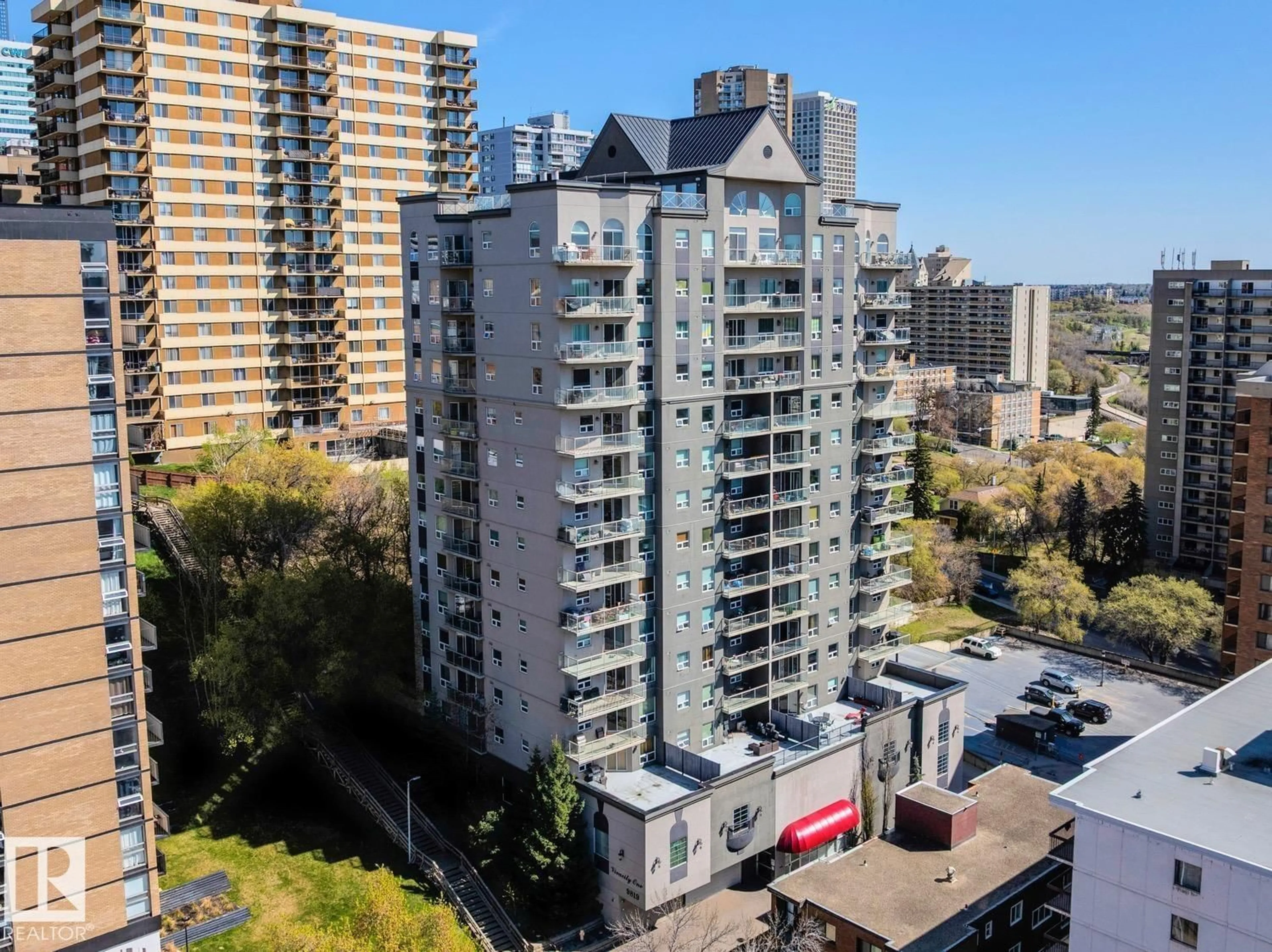 A pic from outside/outdoor area/front of a property/back of a property/a pic from drone, city buildings view from balcony for 9819 - 906 104 ST, Edmonton Alberta T5K0Y8