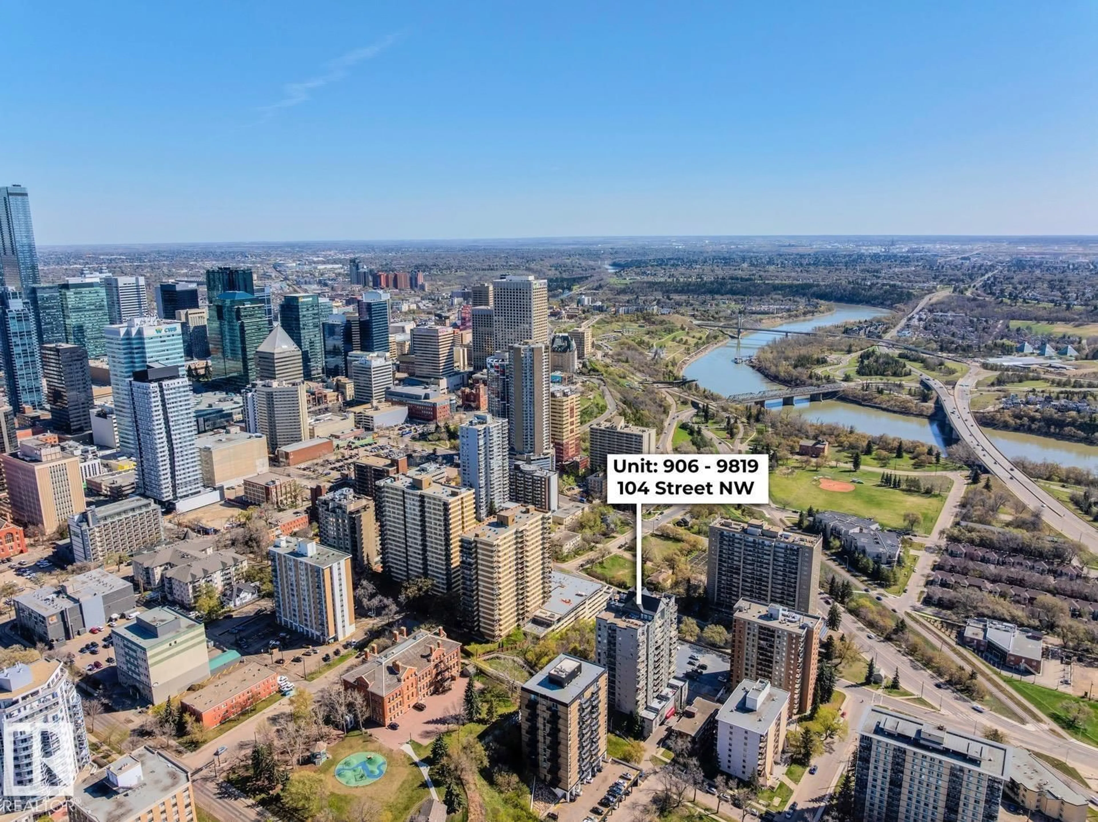 A pic from outside/outdoor area/front of a property/back of a property/a pic from drone, city buildings view from balcony for 9819 - 906 104 ST, Edmonton Alberta T5K0Y8