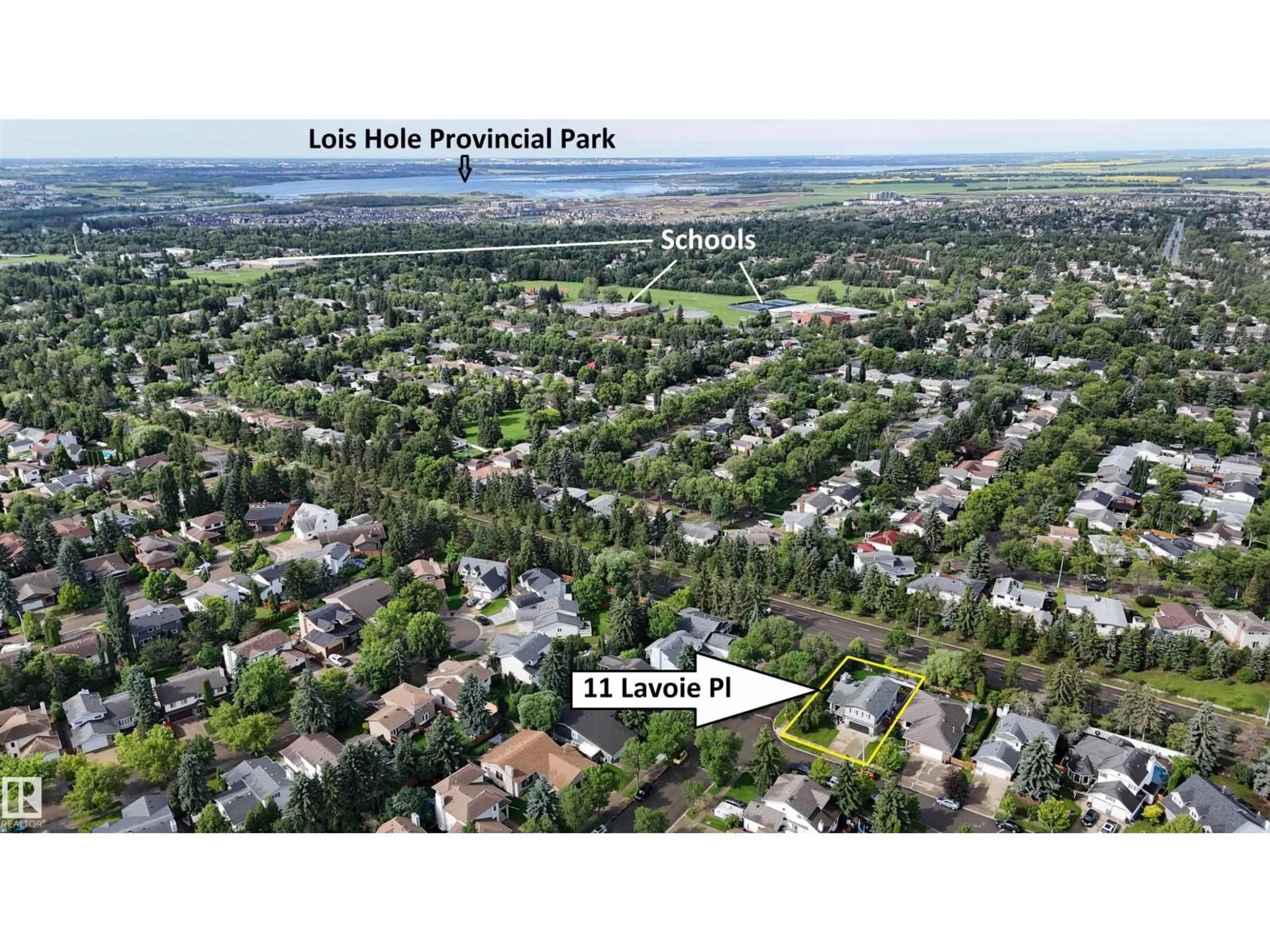 A pic from outside/outdoor area/front of a property/back of a property/a pic from drone, water/lake/river/ocean view for 11 LAVOIE PL, St. Albert Alberta T8N4M6