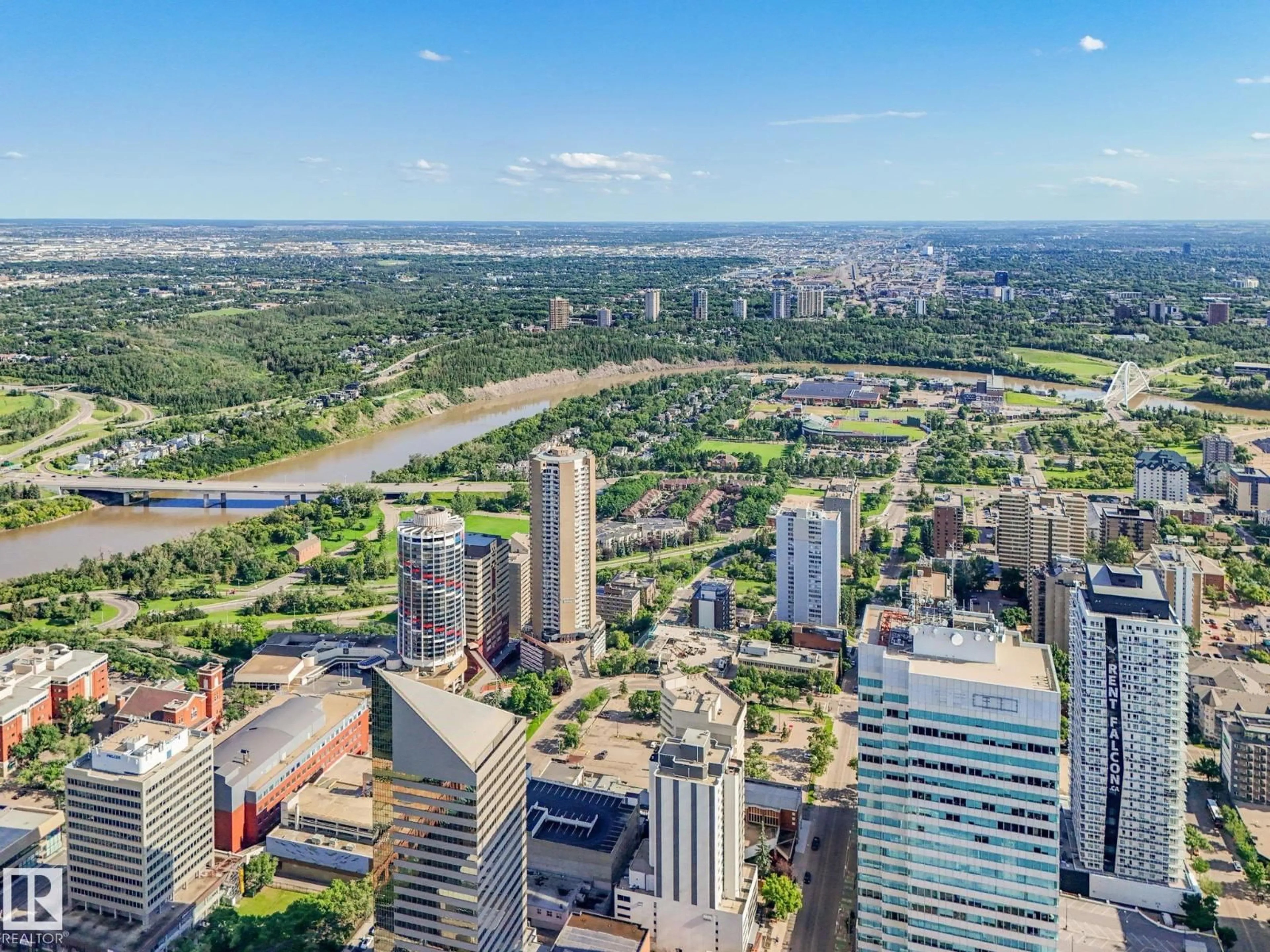 A pic from outside/outdoor area/front of a property/back of a property/a pic from drone, city buildings view from balcony for 1501 - 10180 103 ST NW, Edmonton Alberta T5J0L1