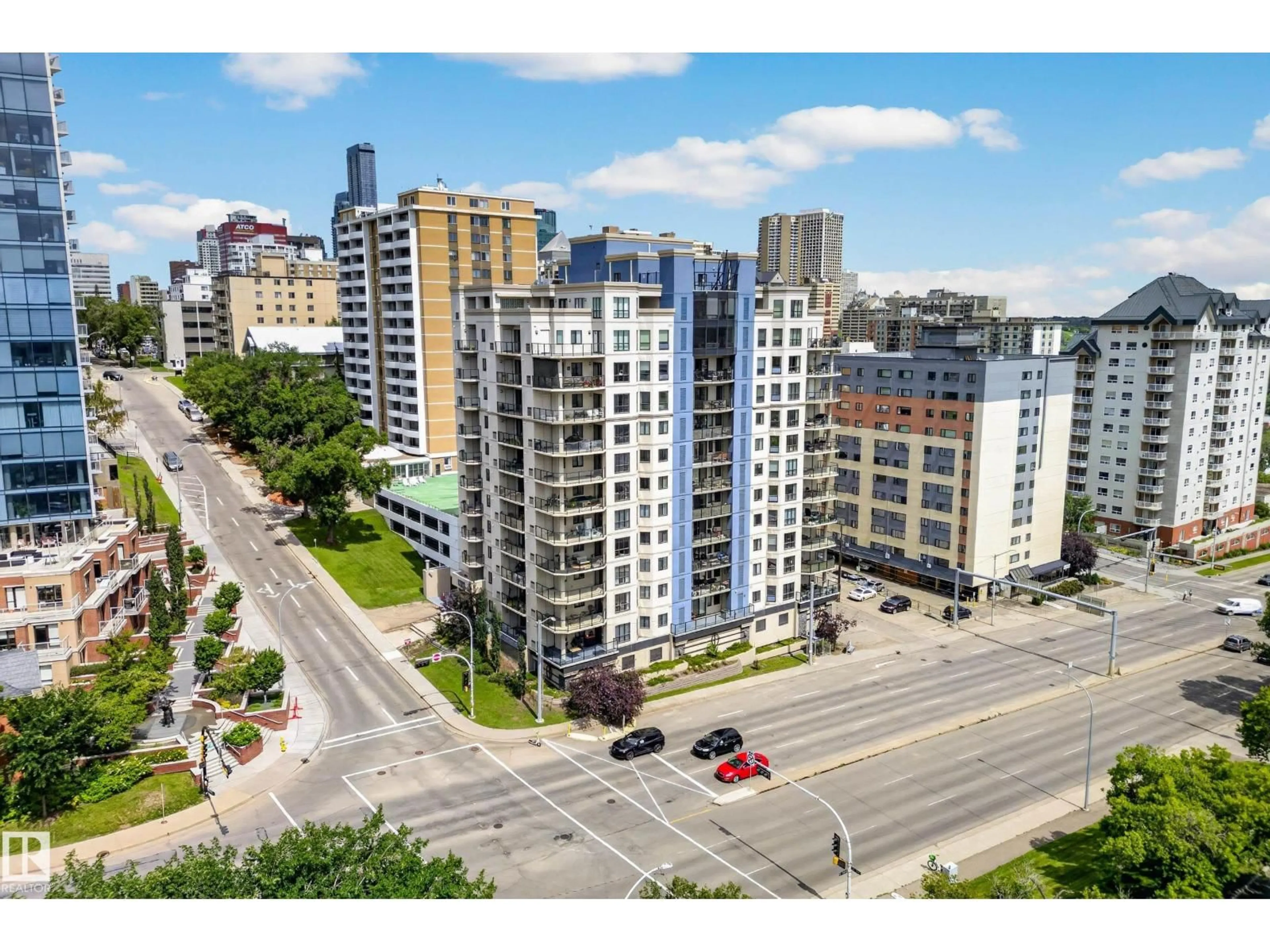 A pic from outside/outdoor area/front of a property/back of a property/a pic from drone, city buildings view from balcony for 703 - 9707 106 ST NW, Edmonton Alberta T5K0B7