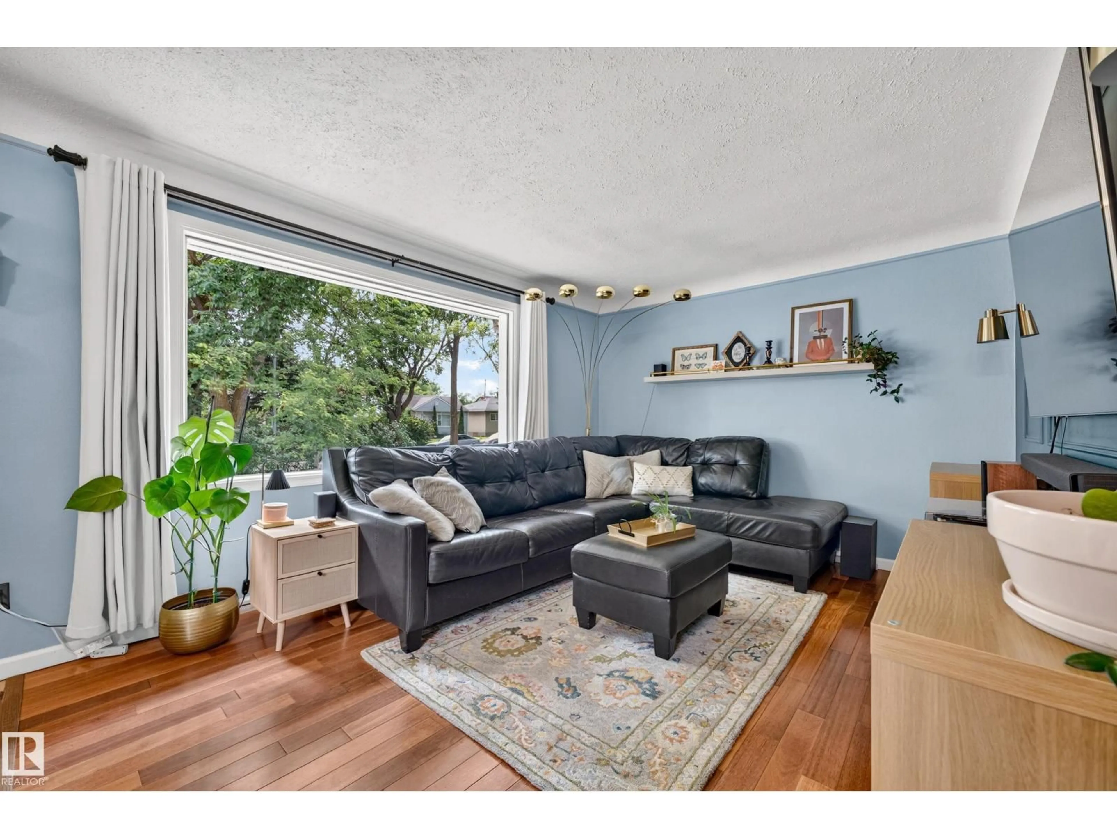Living room with furniture, wood/laminate floor for NW - 7530 80 AV, Edmonton Alberta T6C0S4