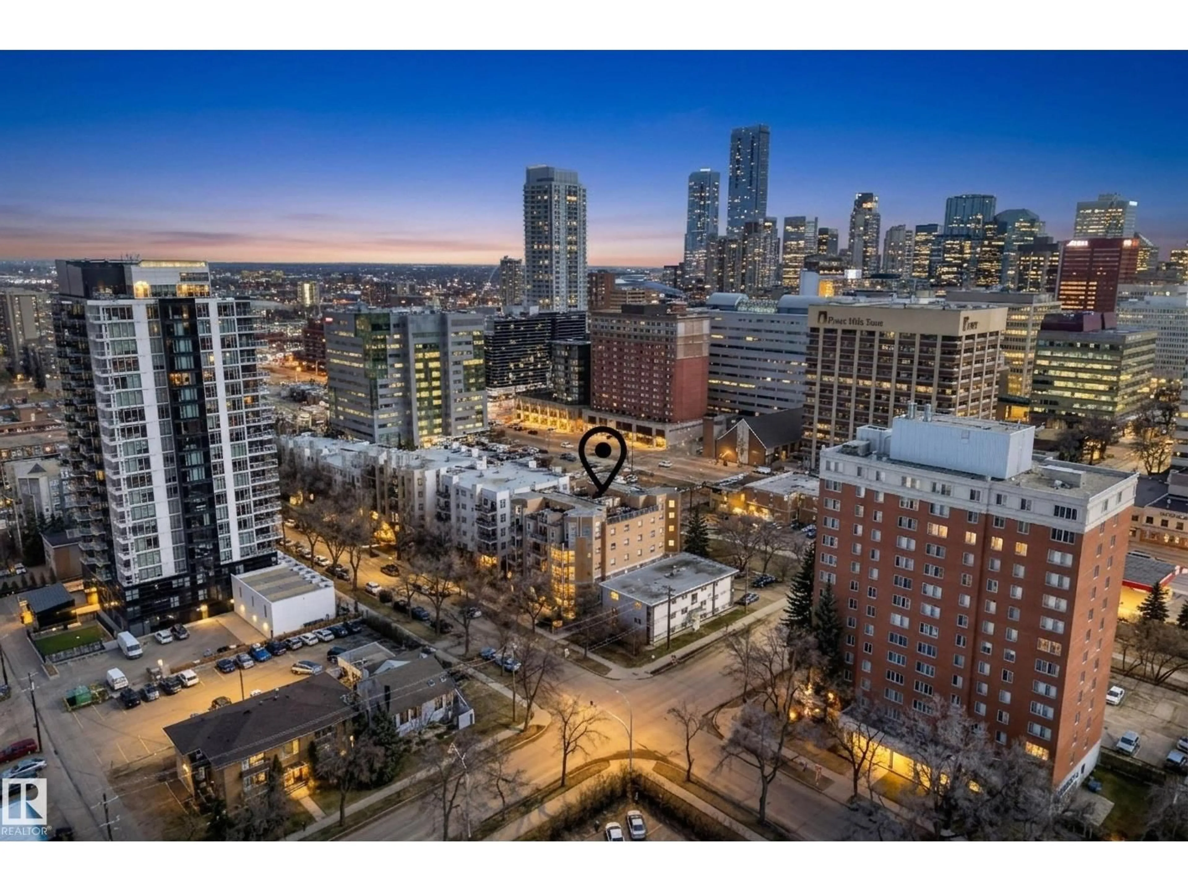 A pic from outside/outdoor area/front of a property/back of a property/a pic from drone, city buildings view from balcony for 205 110 ST, Edmonton Alberta T5K2X1