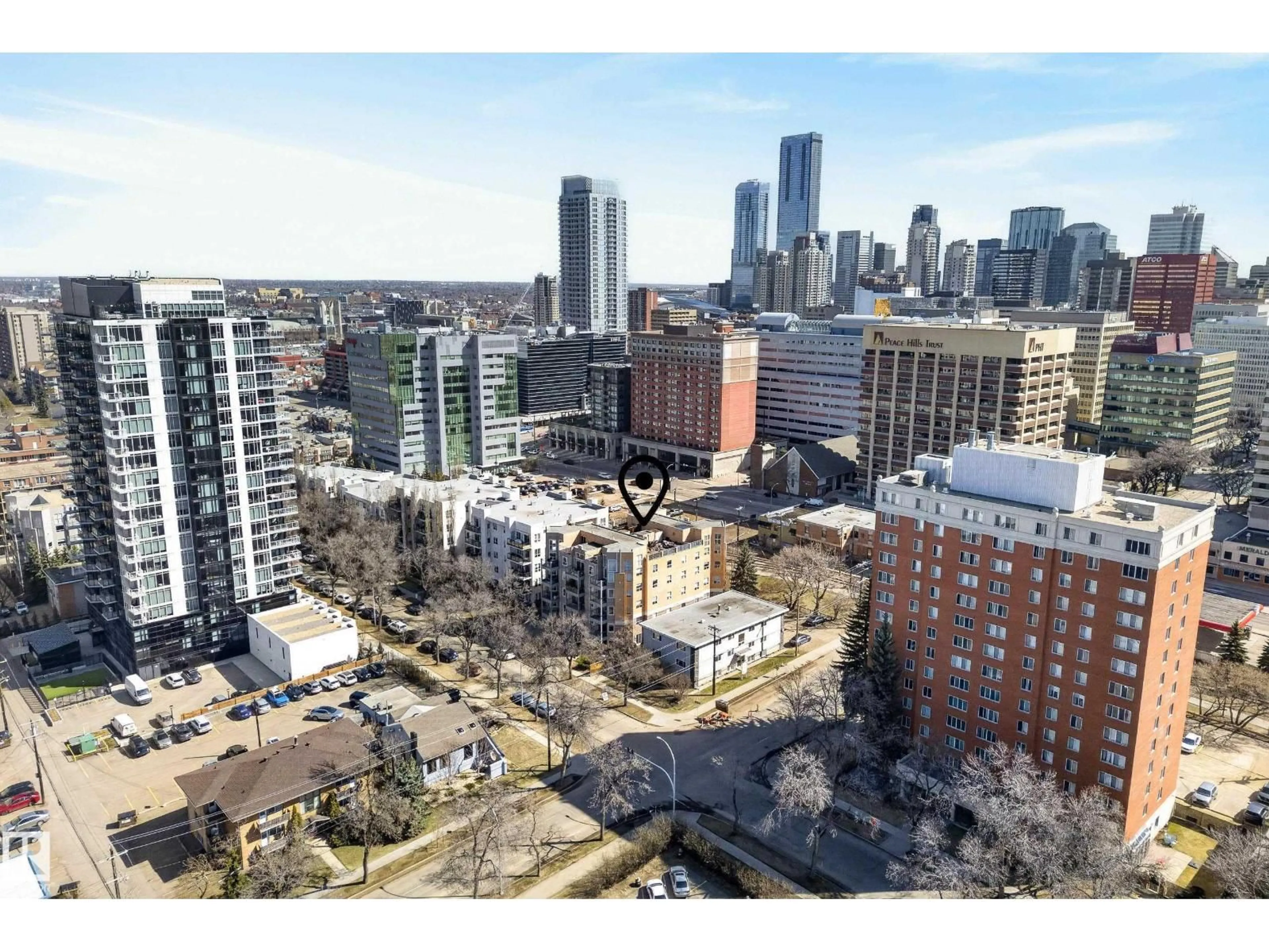 A pic from outside/outdoor area/front of a property/back of a property/a pic from drone, city buildings view from balcony for 205 110 ST, Edmonton Alberta T5K2X1