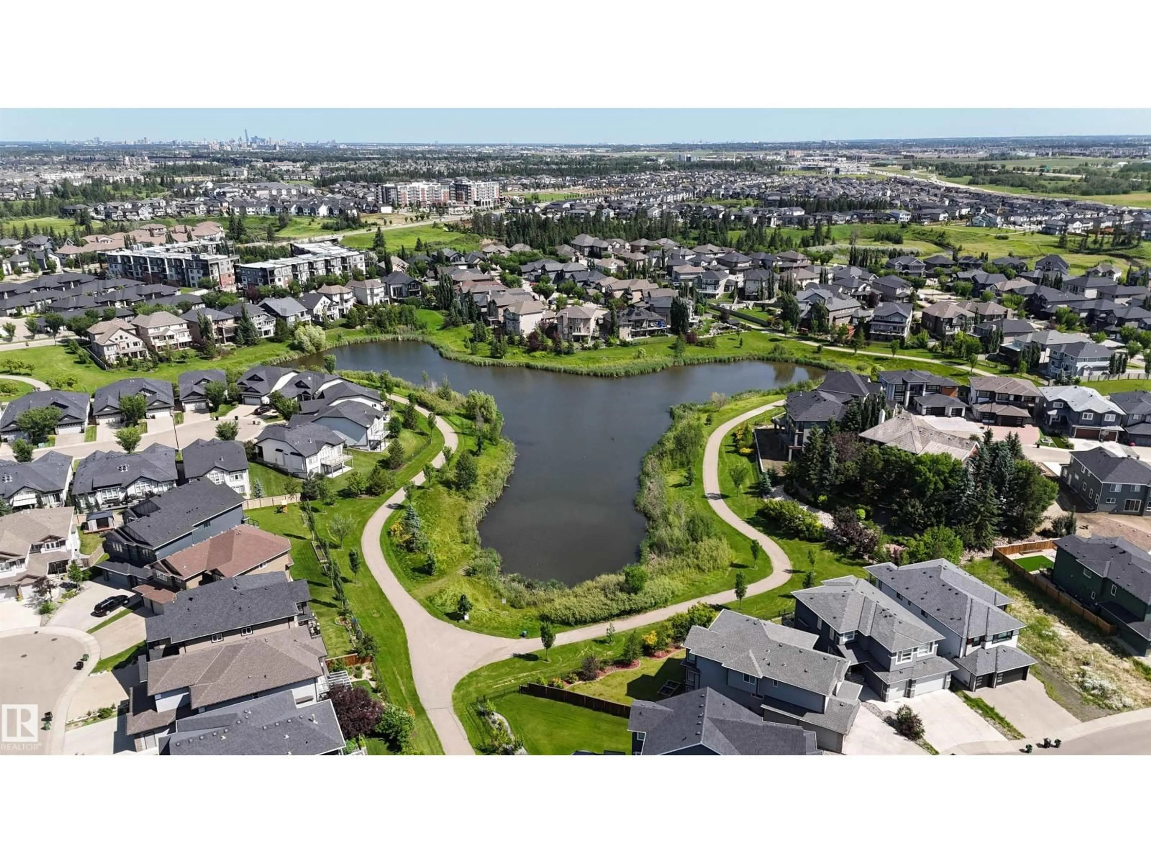 A pic from outside/outdoor area/front of a property/back of a property/a pic from drone, water/lake/river/ocean view for 3244 ABBOTT CR, Edmonton Alberta T6W2M4
