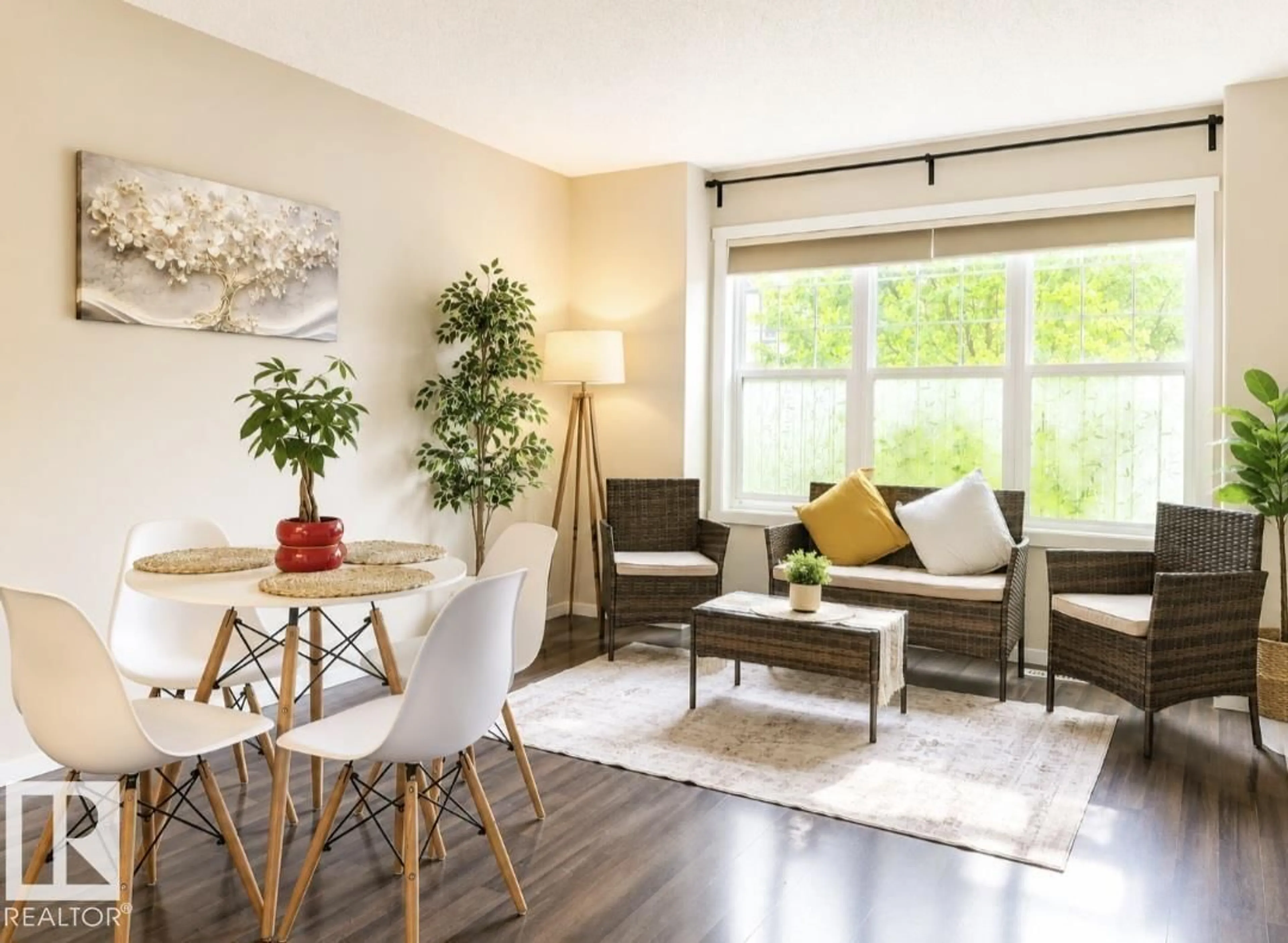 Living room with furniture, wood/laminate floor for SW - 225 51A ST, Edmonton Alberta T6X0R4