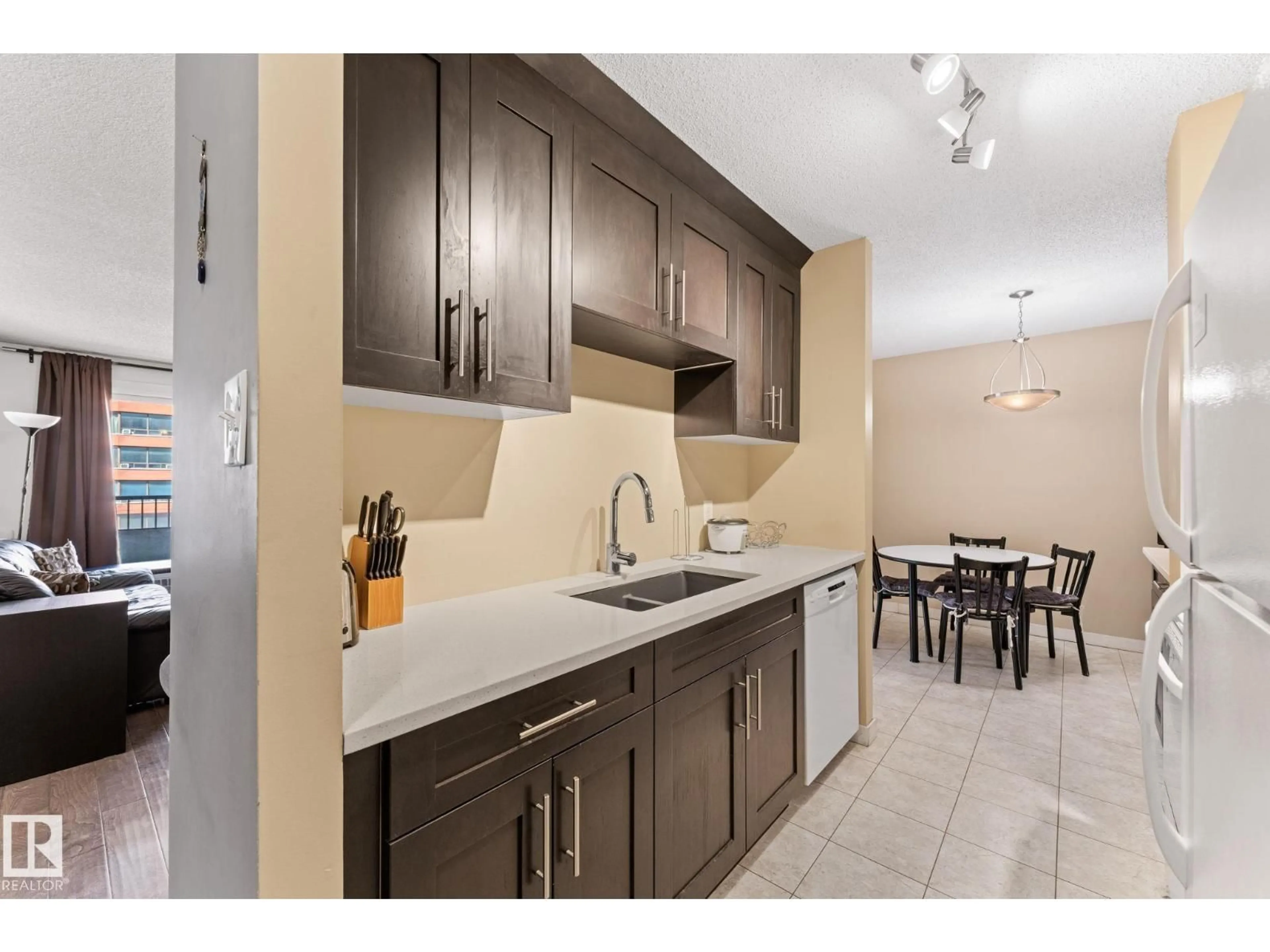 Open concept kitchen, ceramic/tile floor for #503 - 10175 114 ST, Edmonton Alberta T5K2L4