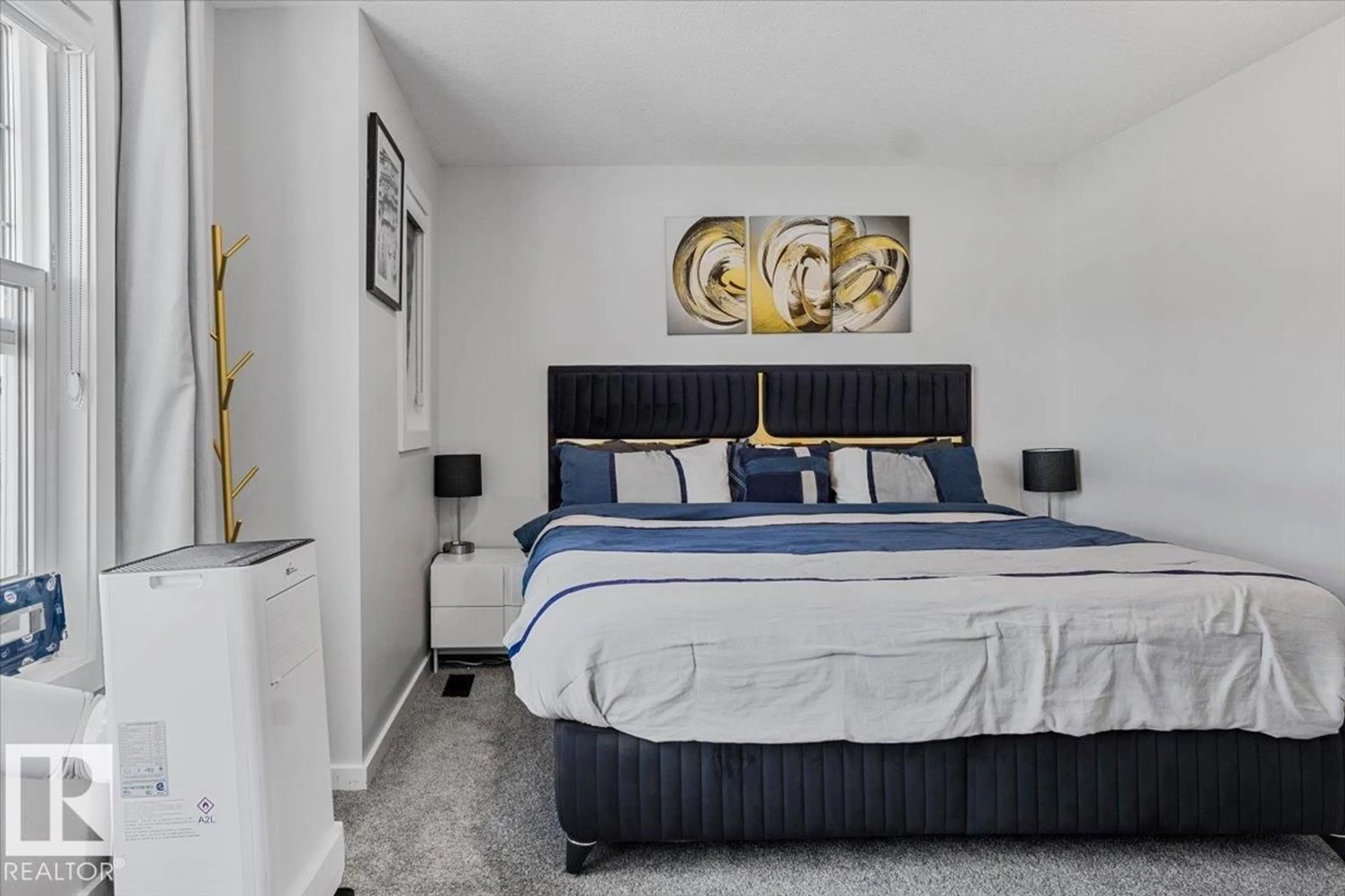 Bedroom with bed, carpet floor for 6355 GREENAWAY AV, Edmonton Alberta T5E6Y5