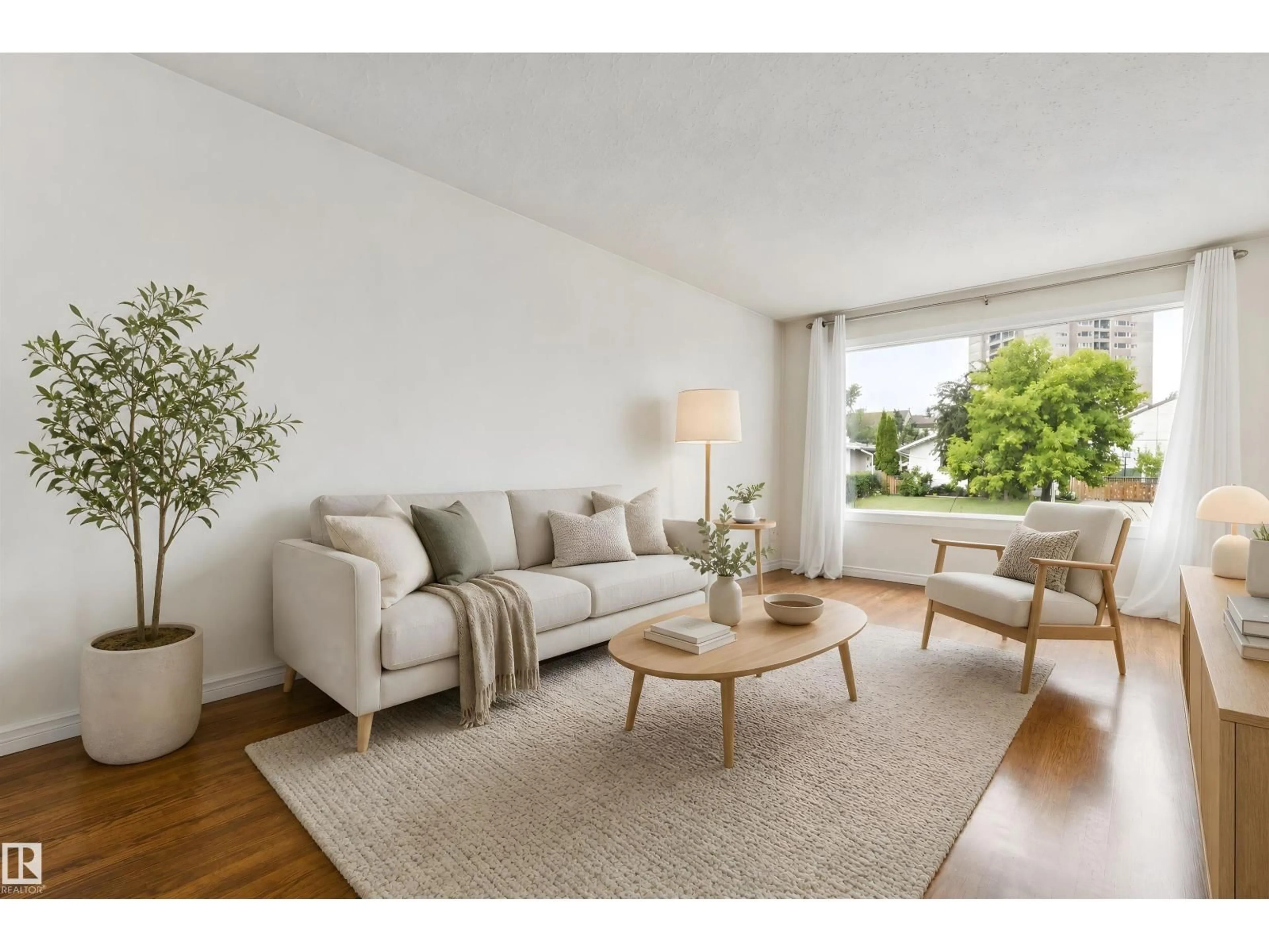 Living room with furniture, wood/laminate floor for NW - 8709 164A ST, Edmonton Alberta T5R2R2