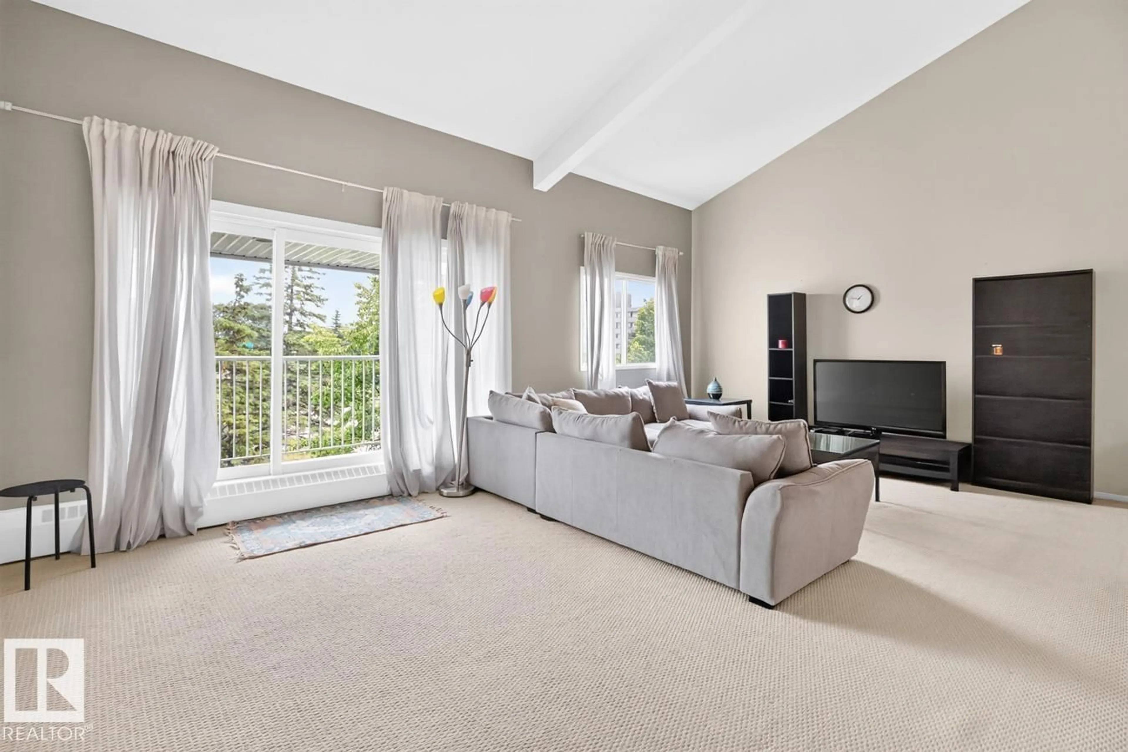 Living room with furniture, carpet floor for 421 - 4404 122 ST, Edmonton Alberta T6J4A9