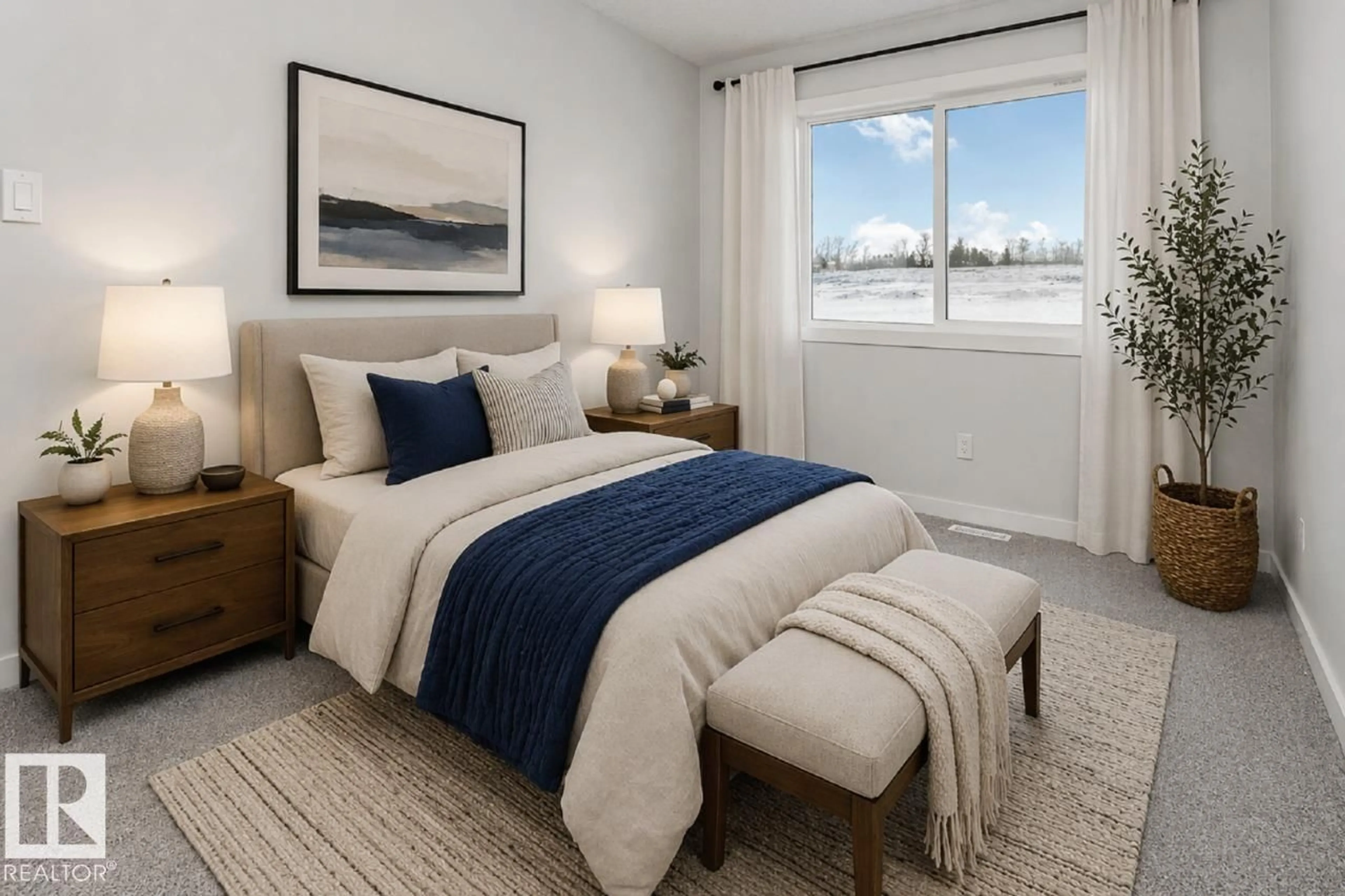 Bedroom with bed, carpet floor for SW - 2735 6 AV, Edmonton Alberta T6X2Y3