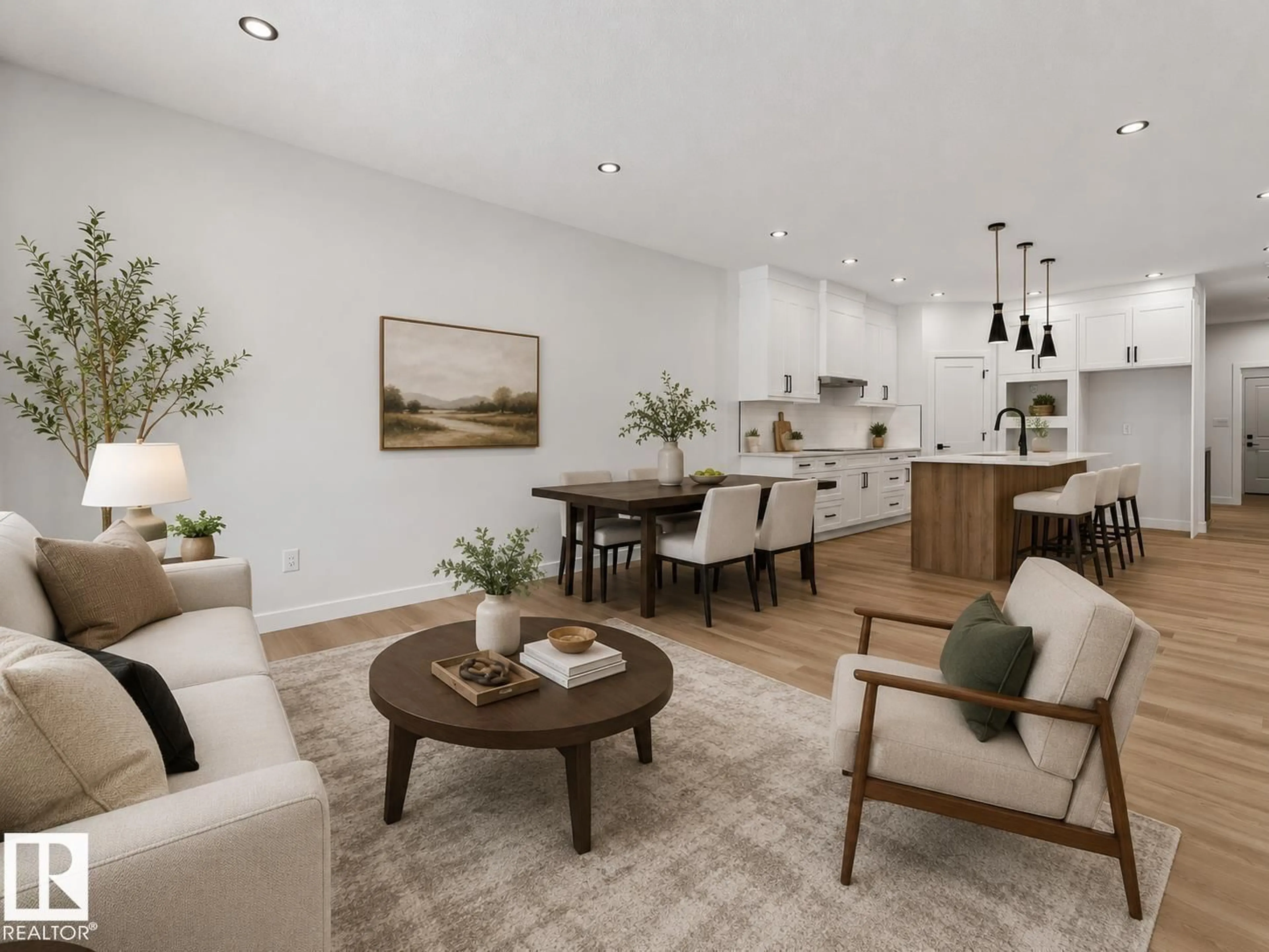 Living room with furniture, wood/laminate floor for 3318 CHICKADEE DR, Edmonton Alberta T5V1R5