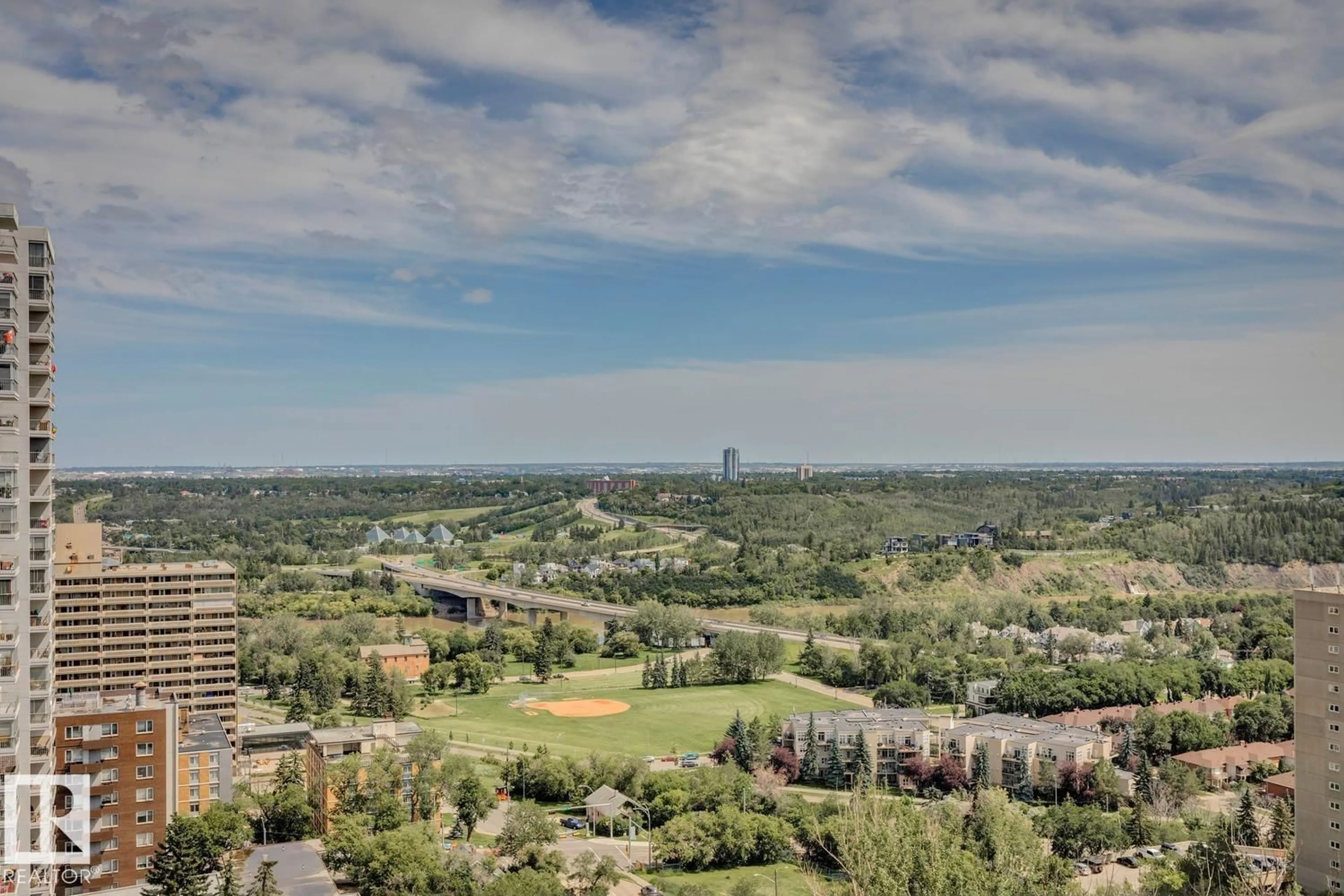 A pic from outside/outdoor area/front of a property/back of a property/a pic from drone, city buildings view from balcony for 9921 - 1501 104 ST NW, Edmonton Alberta T5K2K3