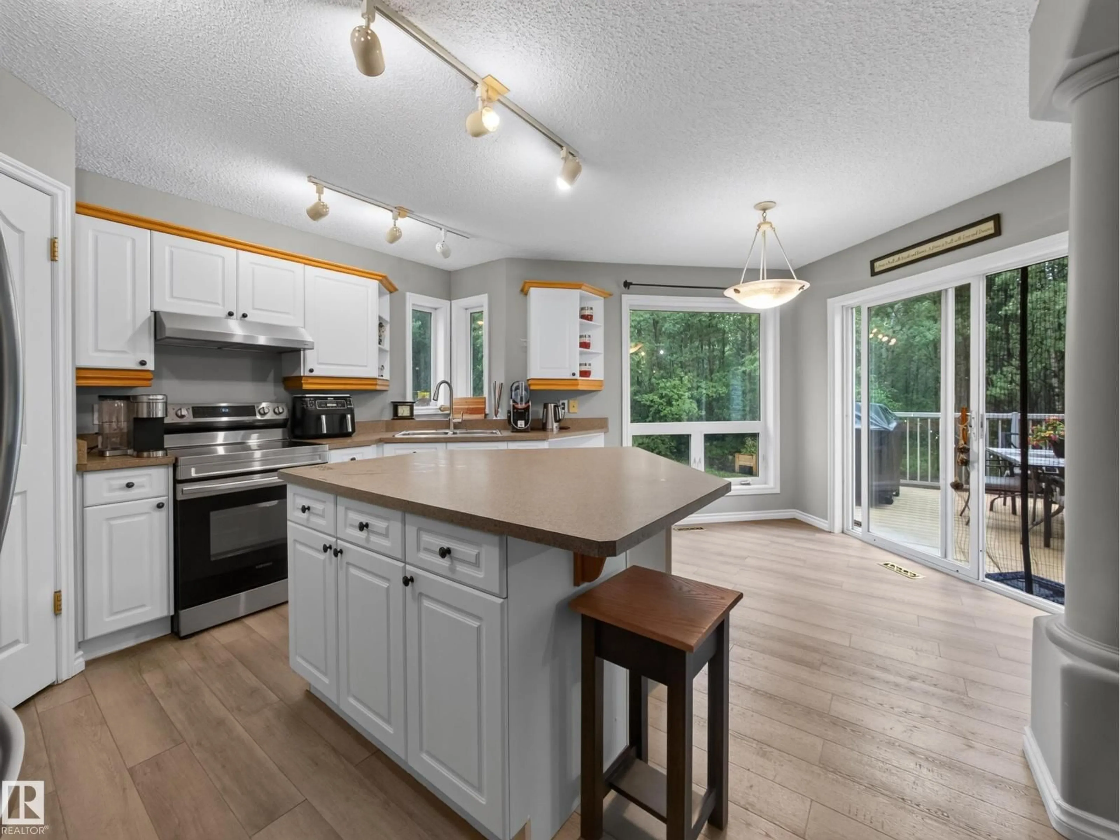 Open concept kitchen, wood/laminate floor for 217 - 51058 RGE ROAD 212, Rural Strathcona County Alberta T8G1E7