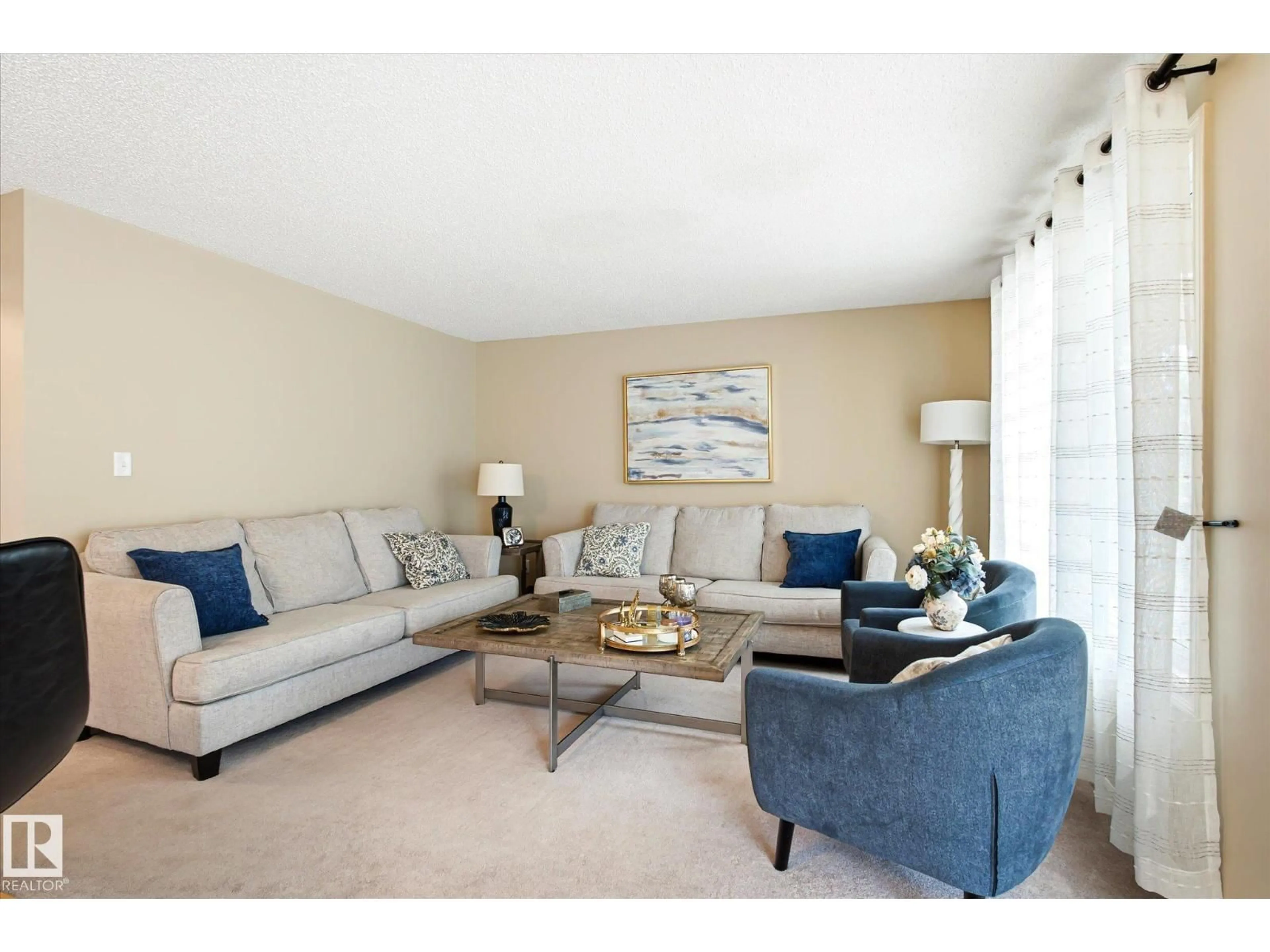 Living room with furniture, carpet floor for 24 EVERWOOD CL, St. Albert Alberta T8N7H1