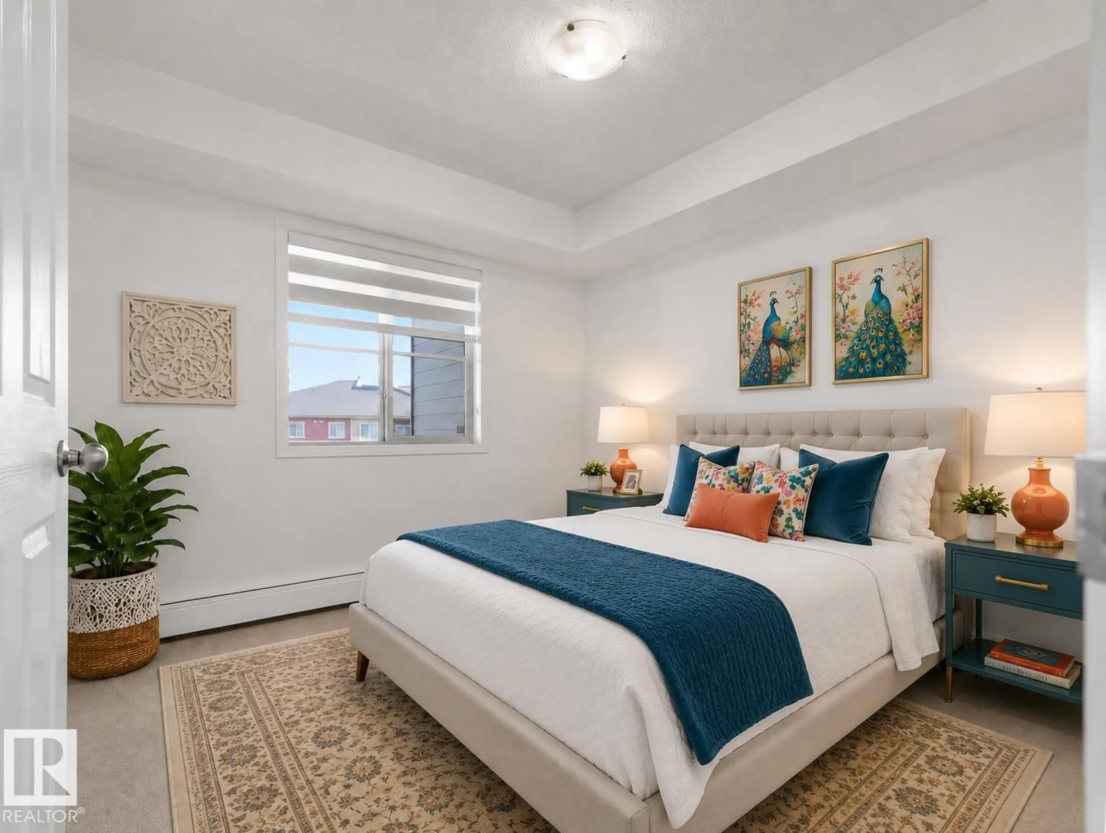 Bedroom with bed, carpet floor for #417 - 12035 22 AV, Edmonton Alberta T6W2X9