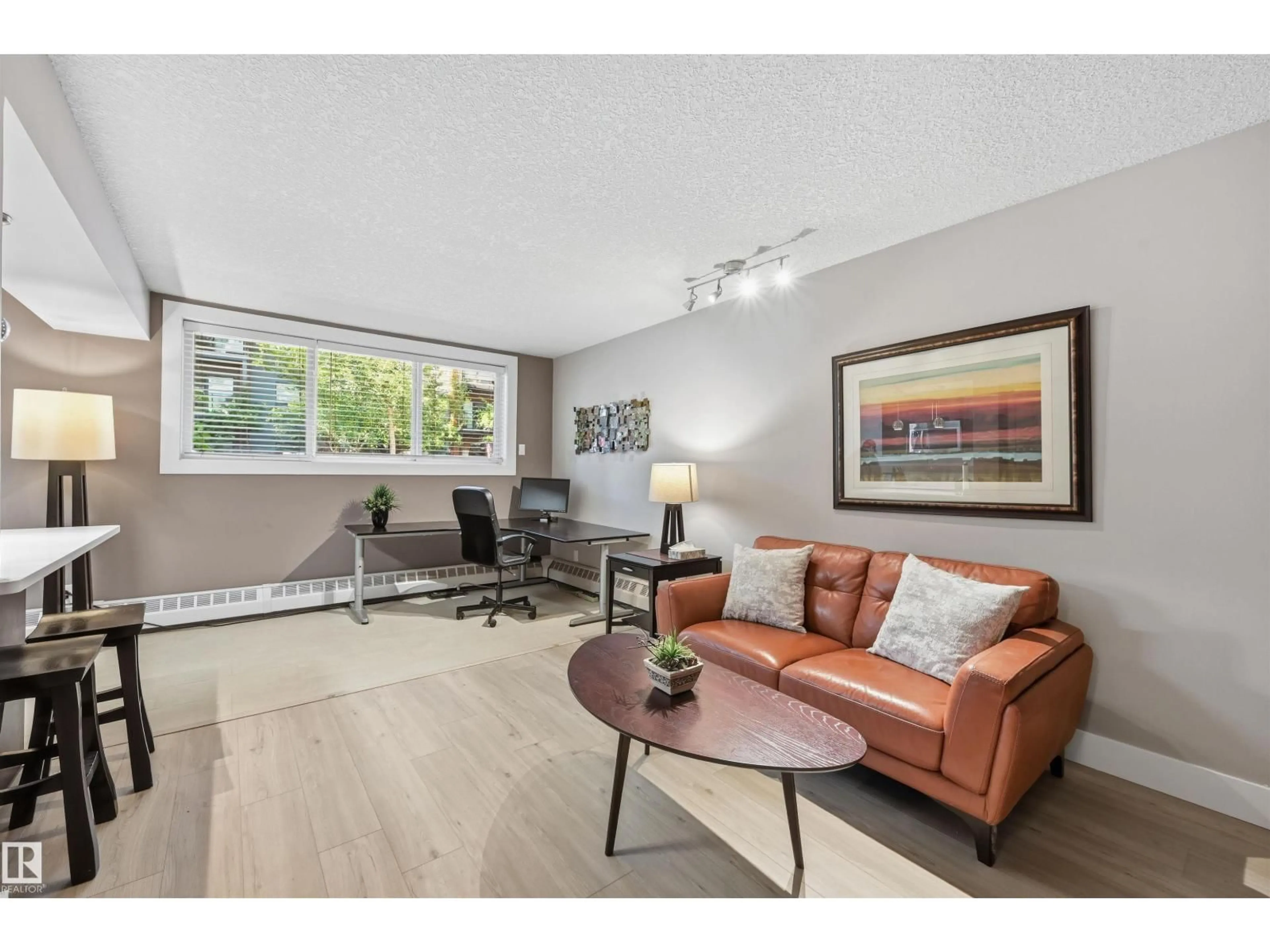 Living room with furniture, wood/laminate floor for #1 - 10015 83 AV NW, Edmonton Alberta T6E2C3