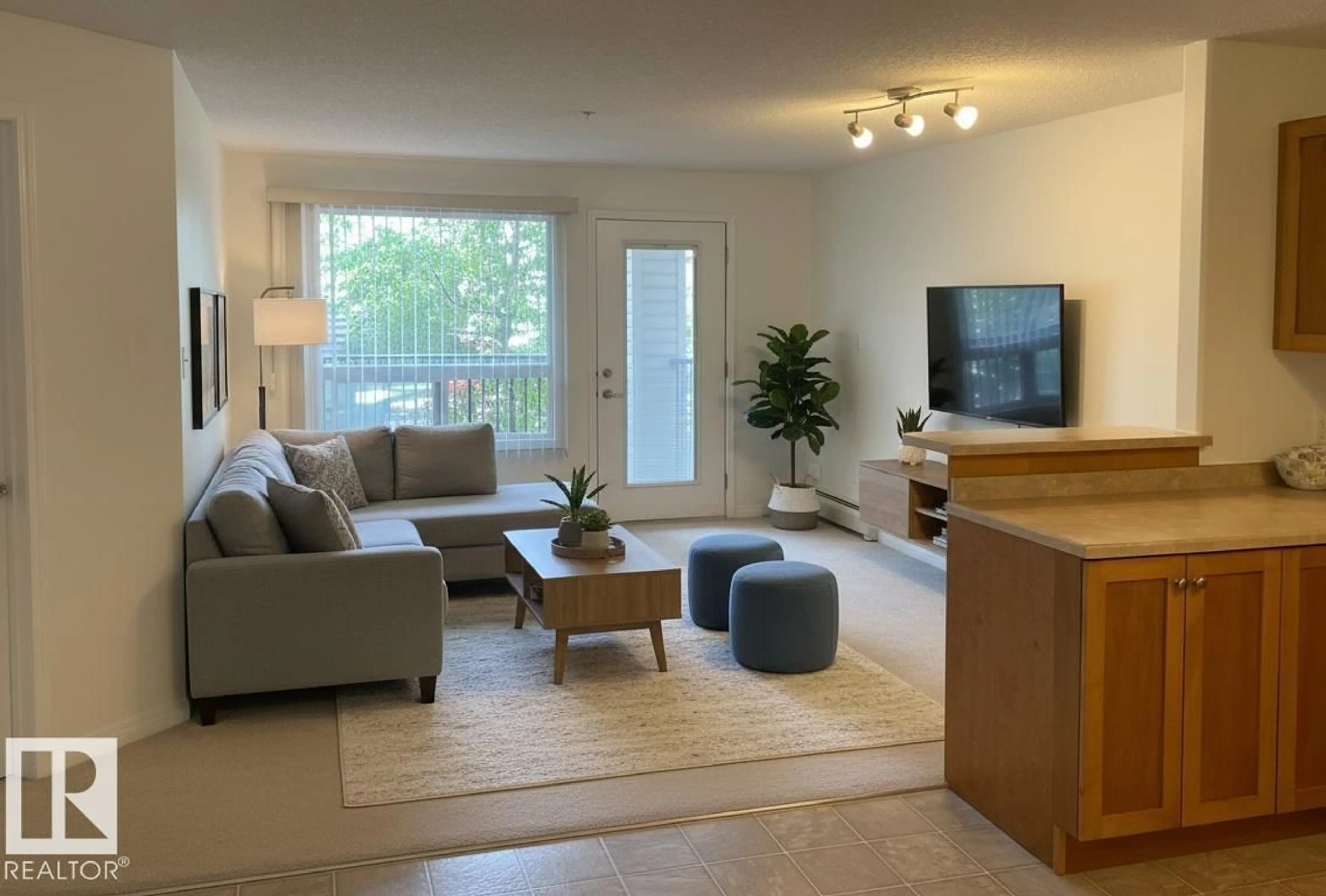 Living room with furniture, wood/laminate floor for 7331 - 6201 SOUTH TERWILLEGAR DR, Edmonton Alberta T6R0L9