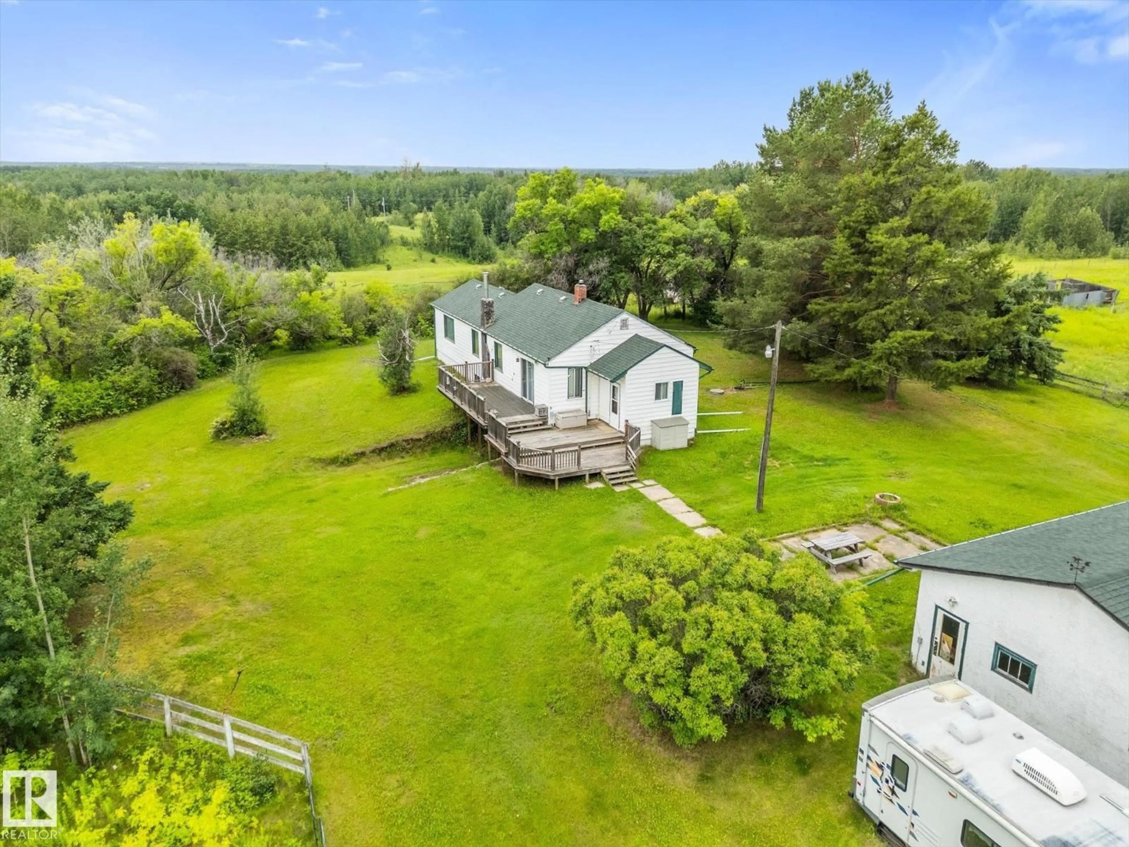 A pic from outside/outdoor area/front of a property/back of a property/a pic from drone, water/lake/river/ocean view for 53006 RGE ROAD 14, Rural Parkland County Alberta T7Y2T3