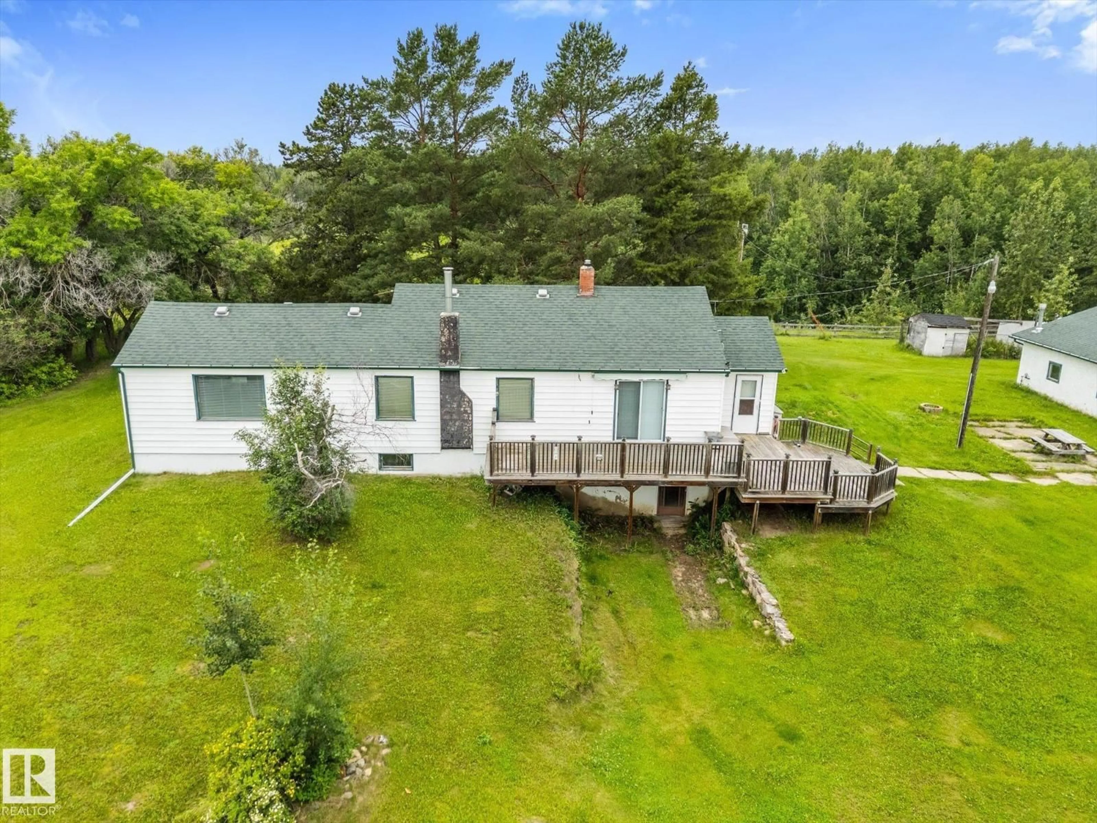 A pic from outside/outdoor area/front of a property/back of a property/a pic from drone, water/lake/river/ocean view for 53006 RGE ROAD 14, Rural Parkland County Alberta T7Y2T3