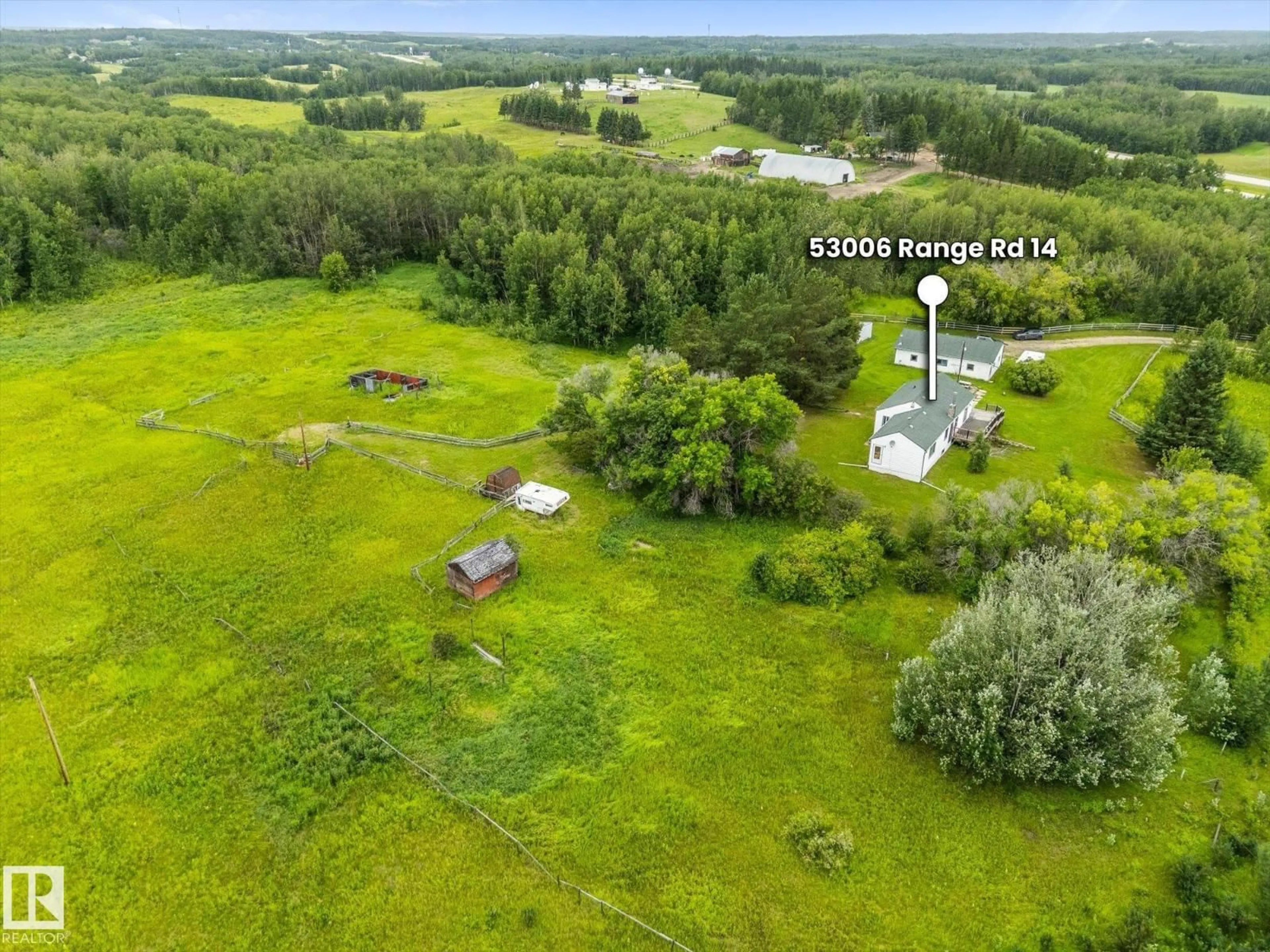 A pic from outside/outdoor area/front of a property/back of a property/a pic from drone, forest/trees view for 53006 RGE ROAD 14, Rural Parkland County Alberta T7Y2T3