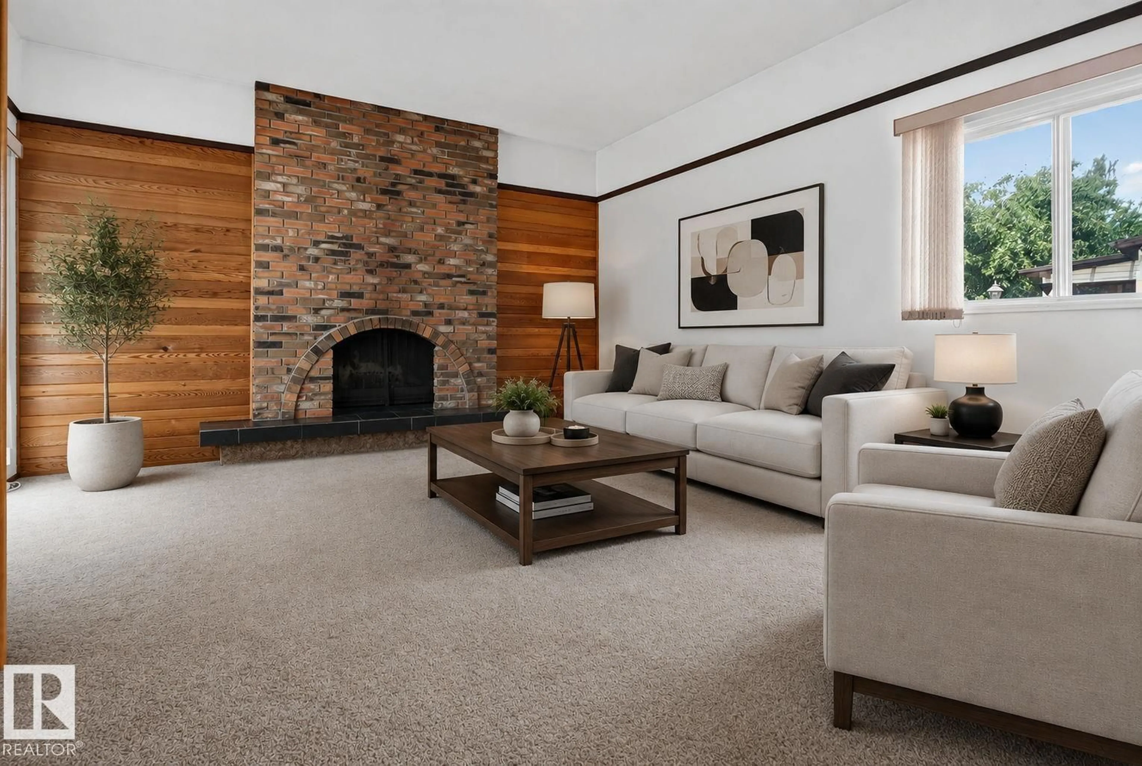 Living room with furniture, carpet floor for NW - 6012 145 AV, Edmonton Alberta T5A1S7