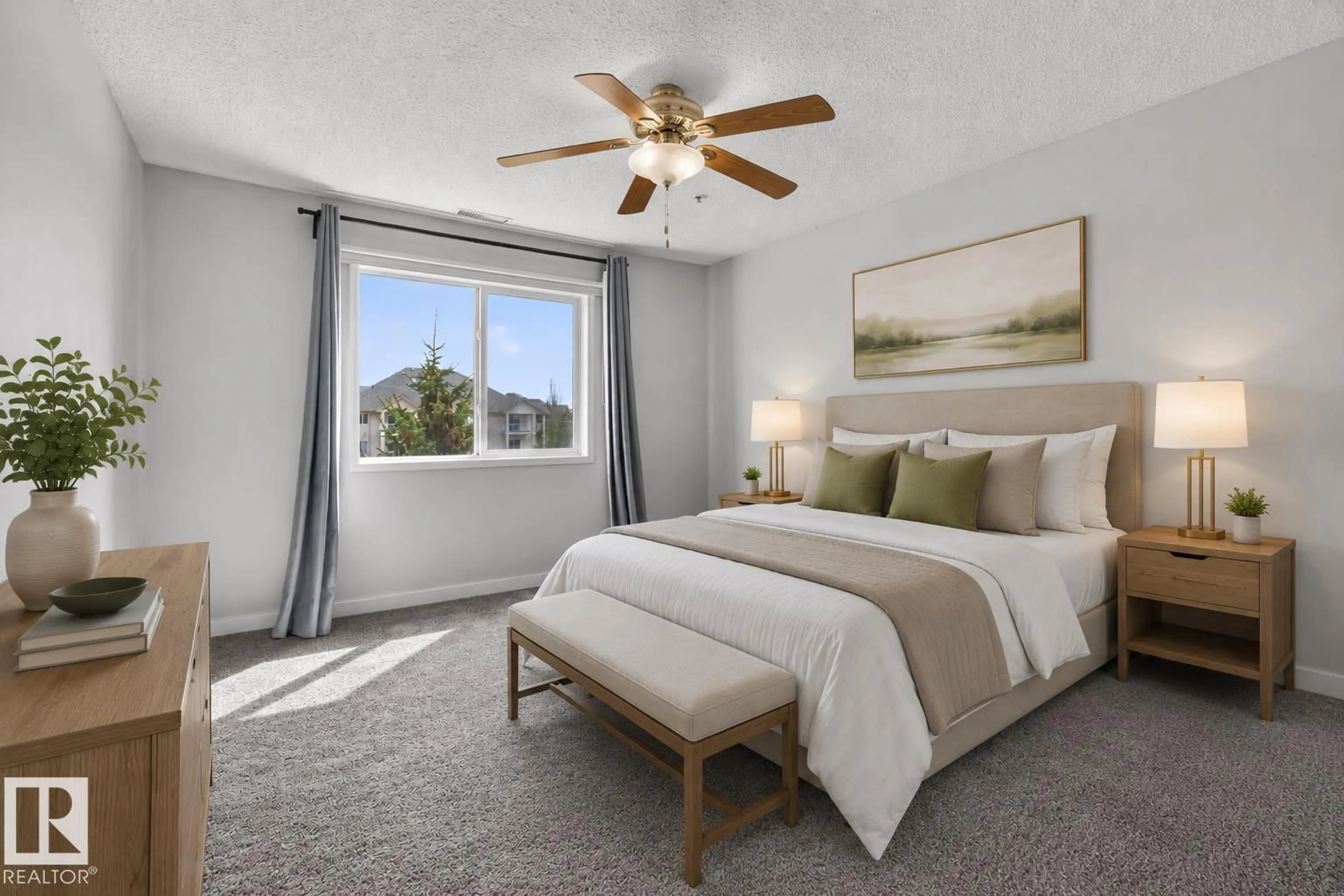 Bedroom with bed, carpet floor for NW - 319 16303 95 ST, Edmonton Alberta T5Z3V1